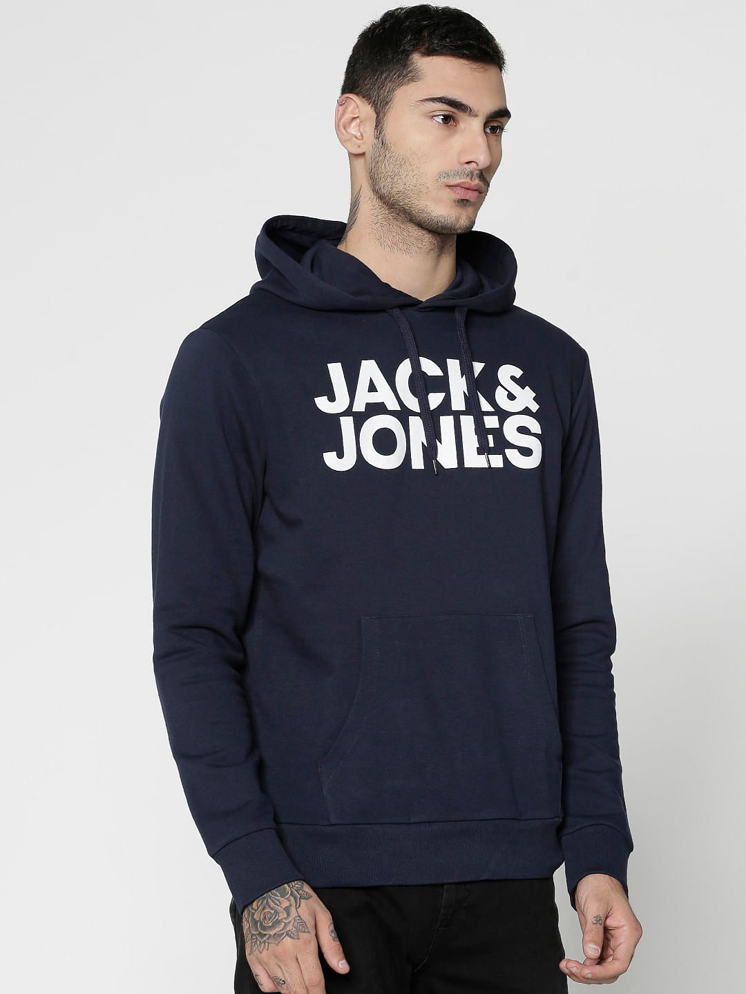 Navy Blue Text Print Hooded Sweatshirt