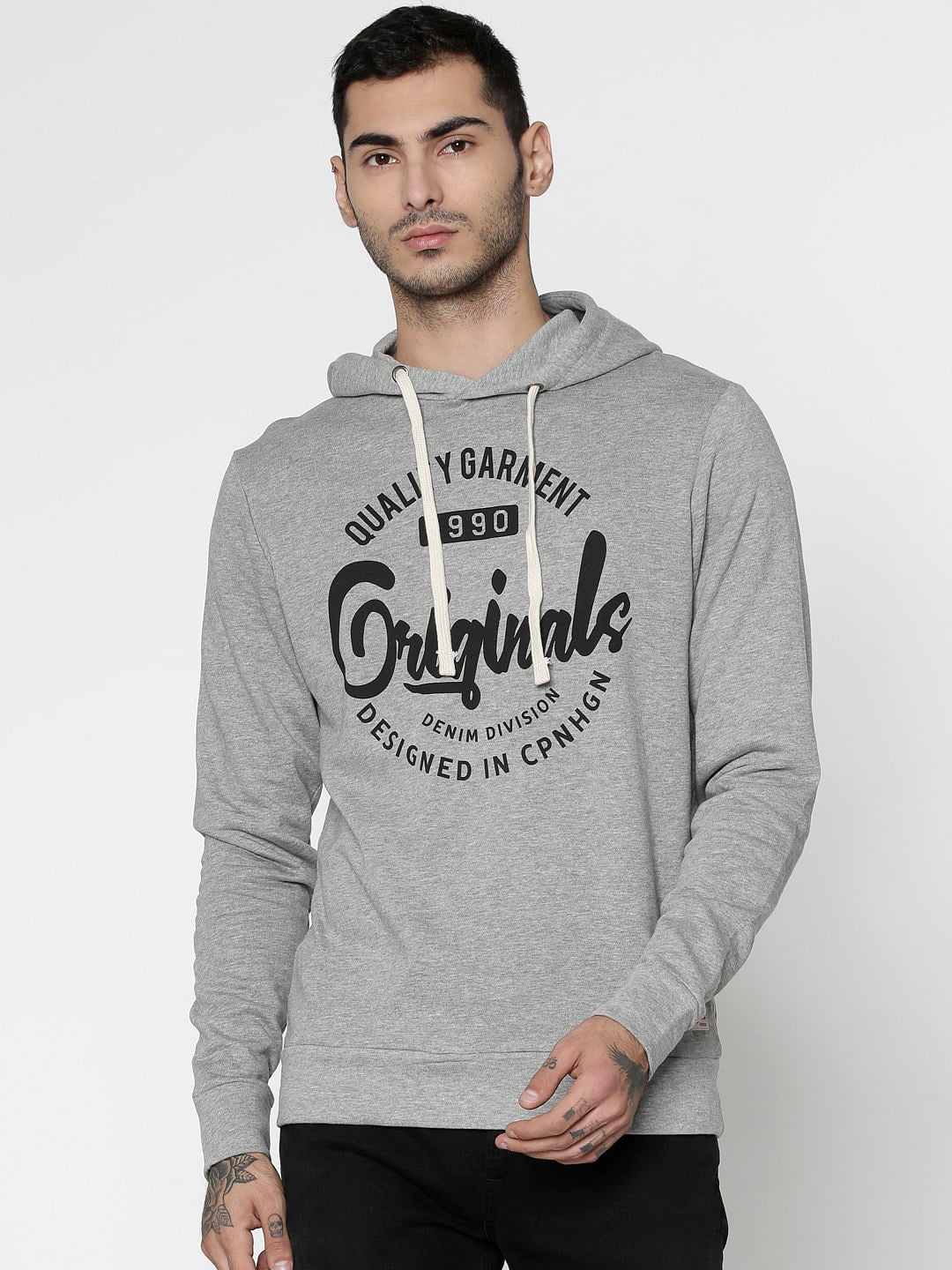 Grey Text Print Hooded Sweatshirt - S