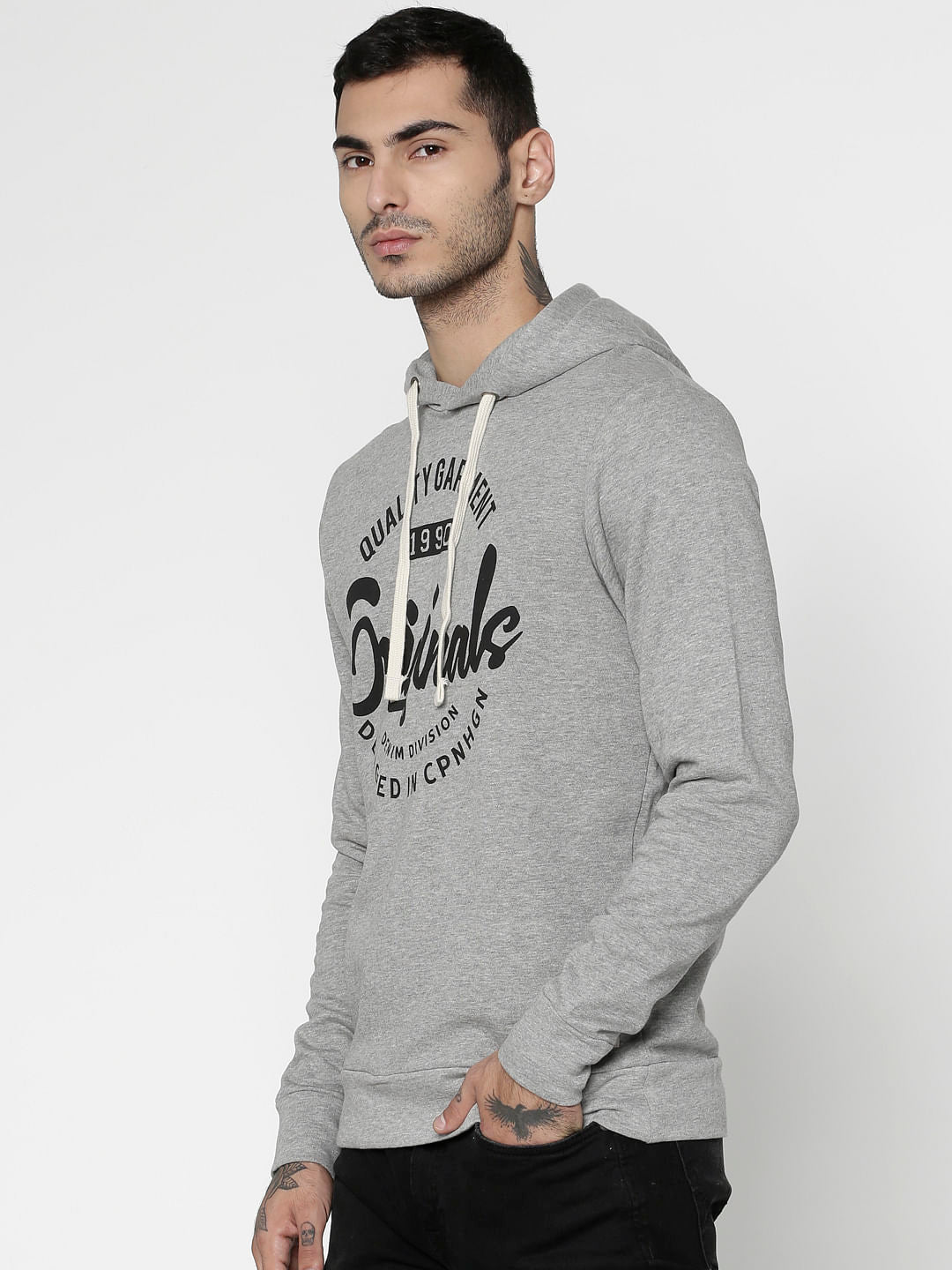 Grey Text Print Hooded Sweatshirt