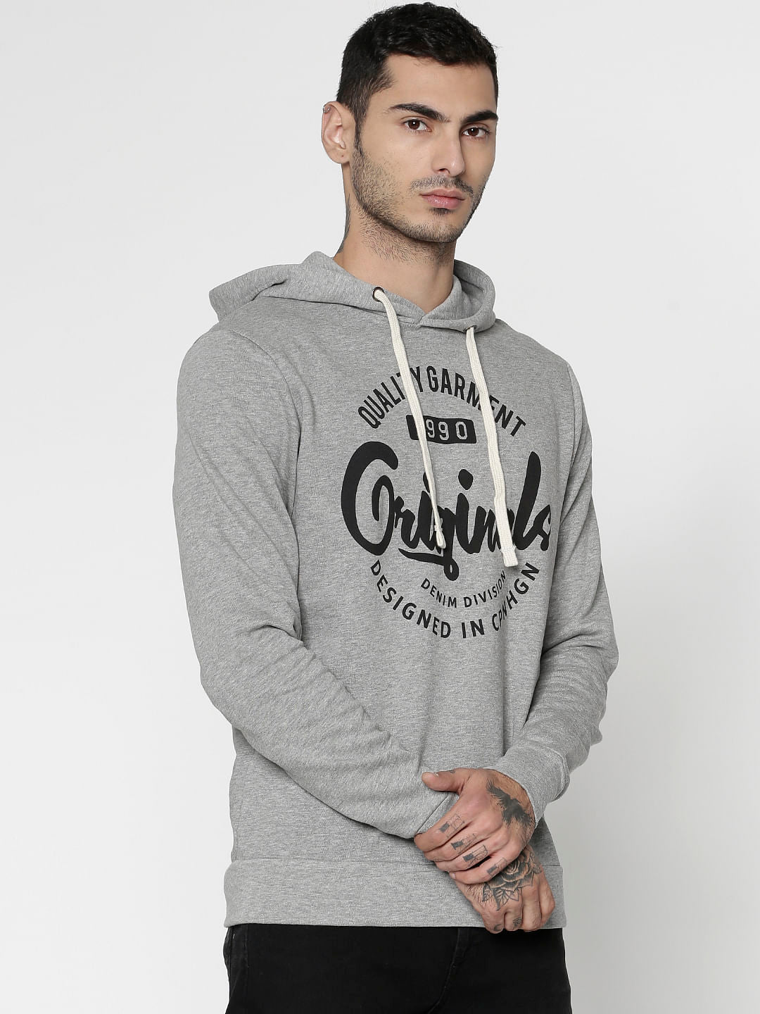 Grey Text Print Hooded Sweatshirt