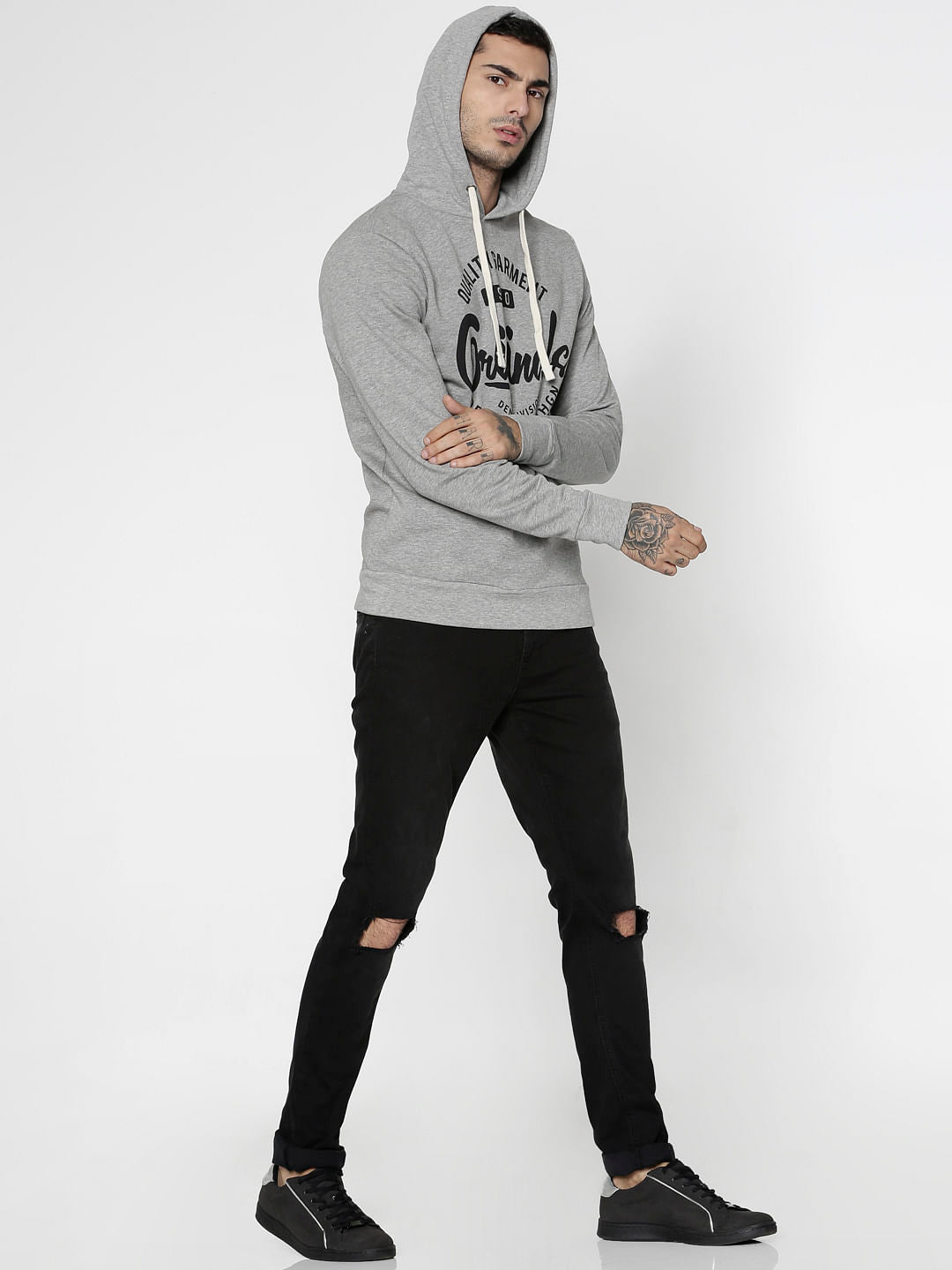 Grey Text Print Hooded Sweatshirt