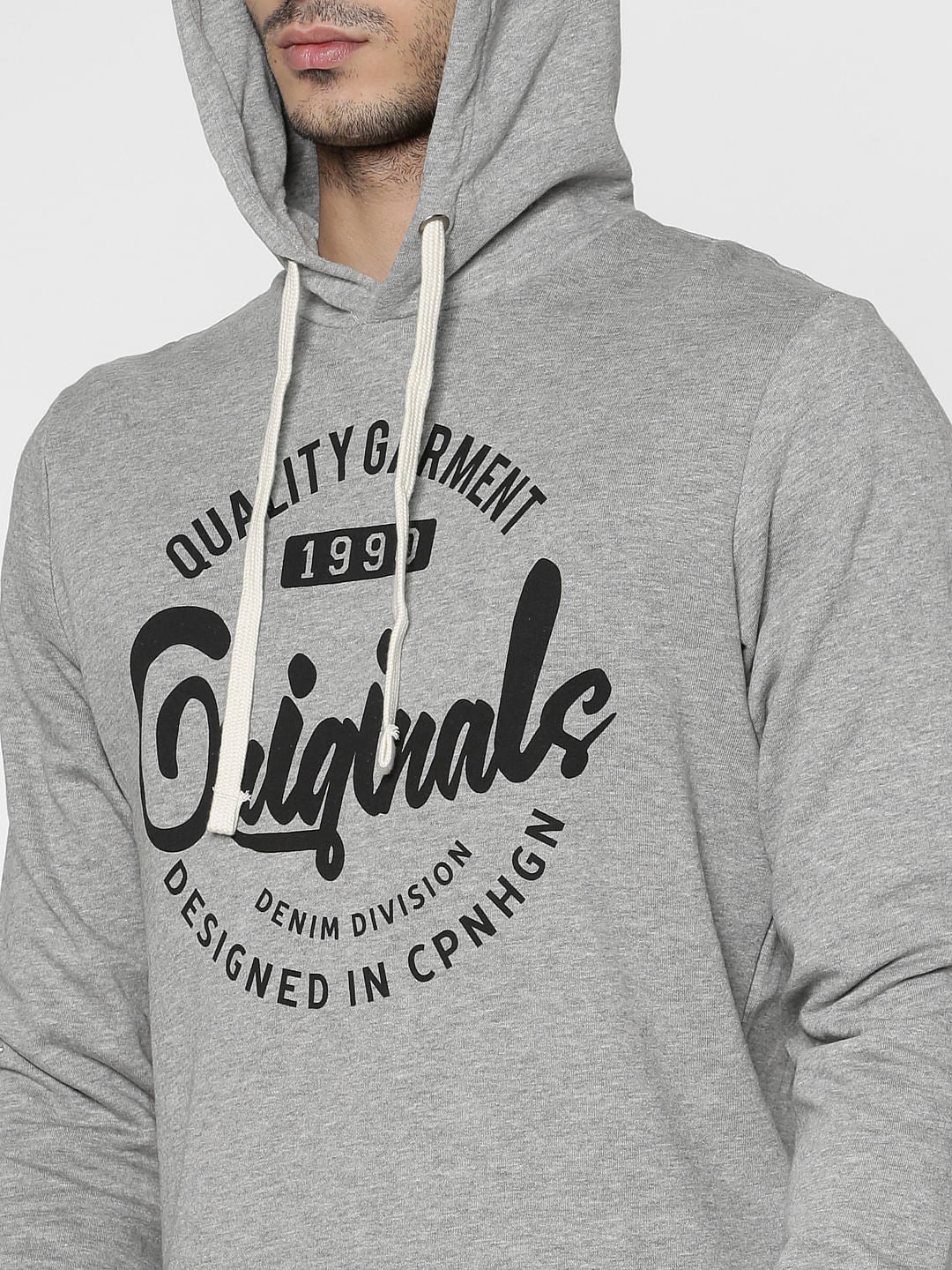 Grey Text Print Hooded Sweatshirt
