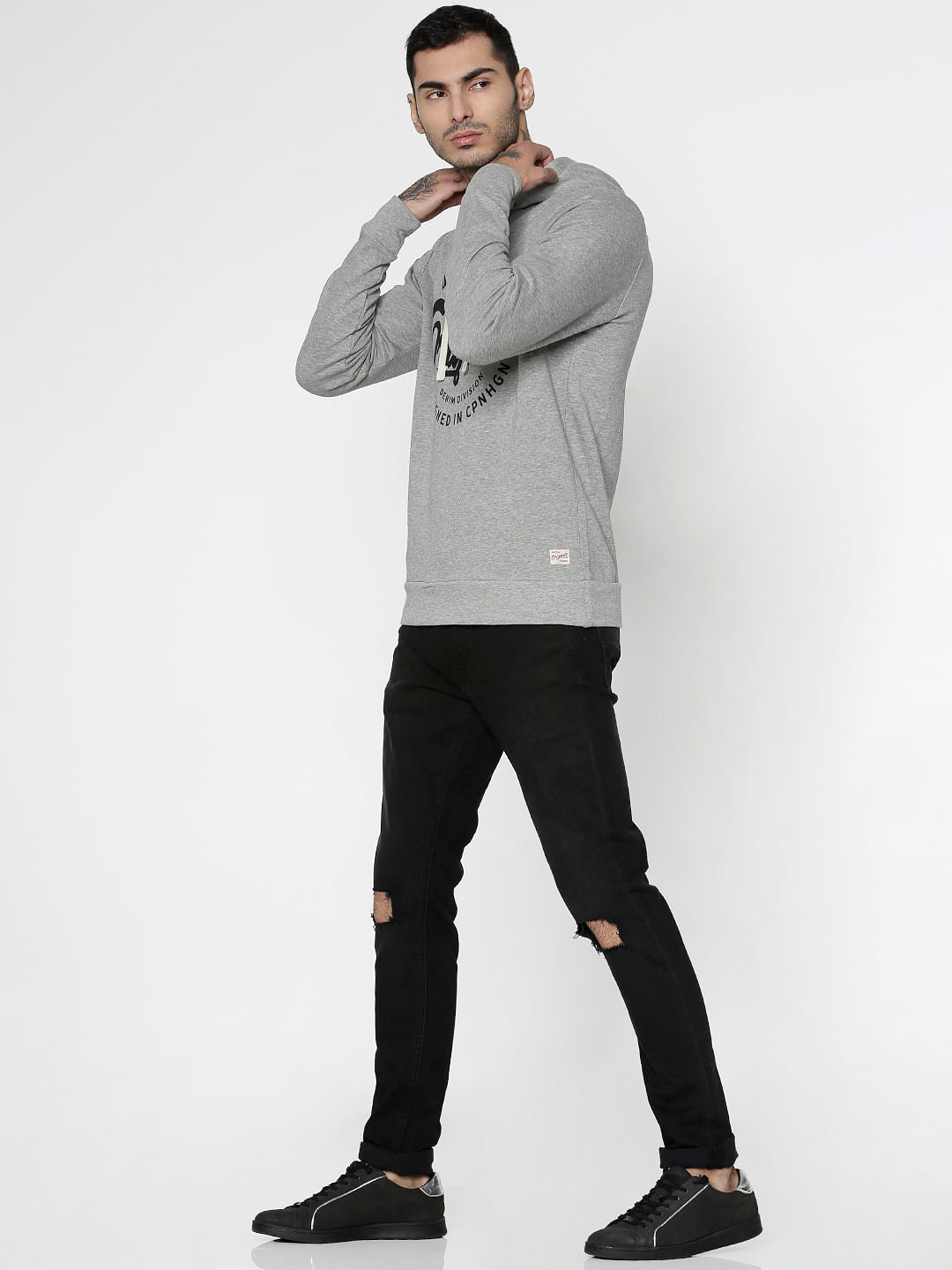 Grey Text Print Hooded Sweatshirt