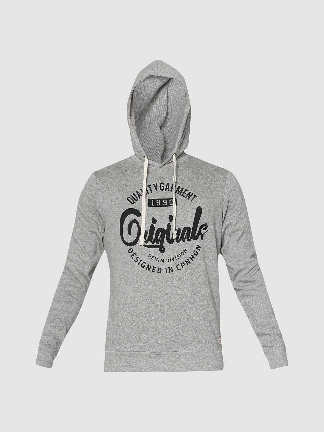 Grey Text Print Hooded Sweatshirt