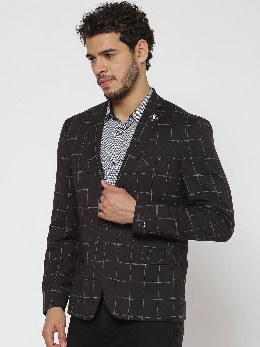 Black Checks Double Button Linen Blazer - 46