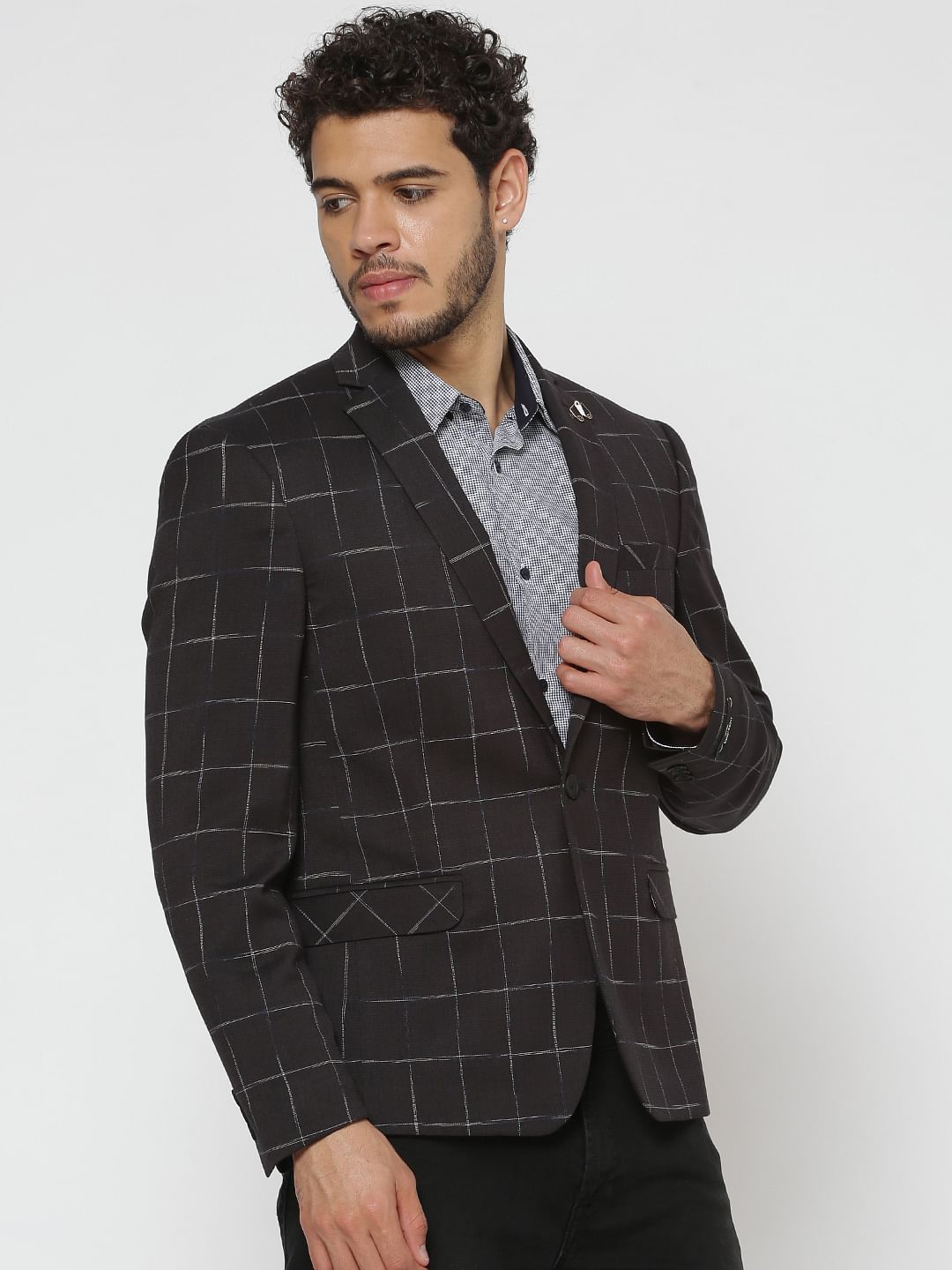 Black Checks Double Button Linen Blazer