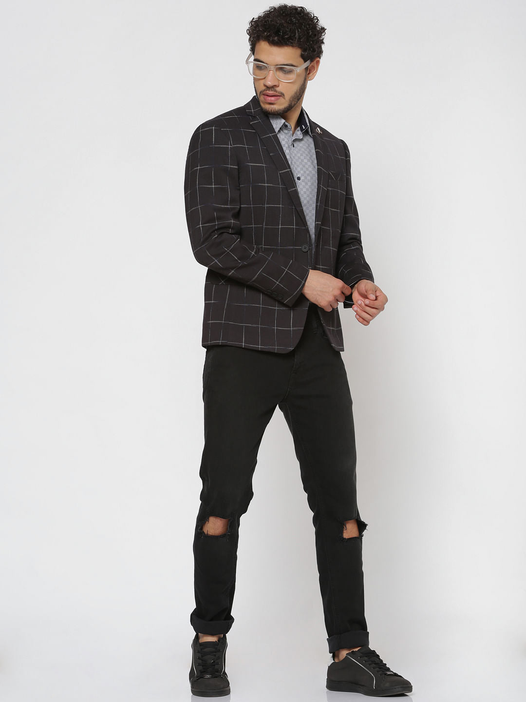 Black Checks Double Button Linen Blazer