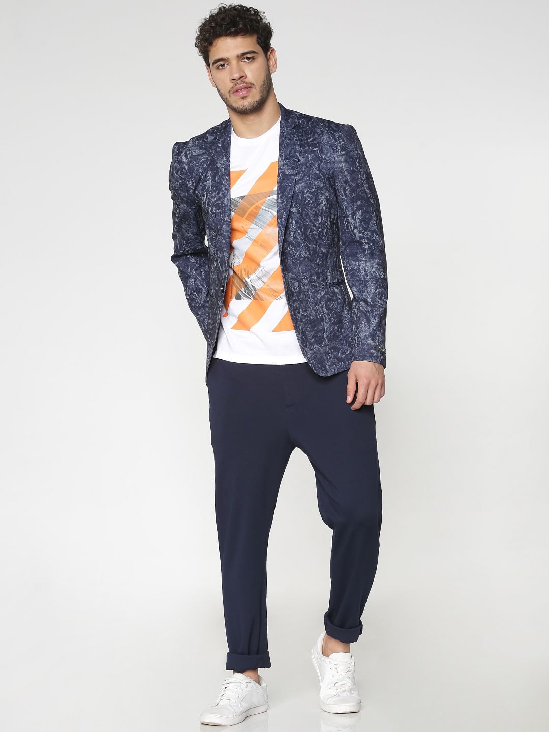 Blue  Brushed Print Slim Fit Linen Blazer