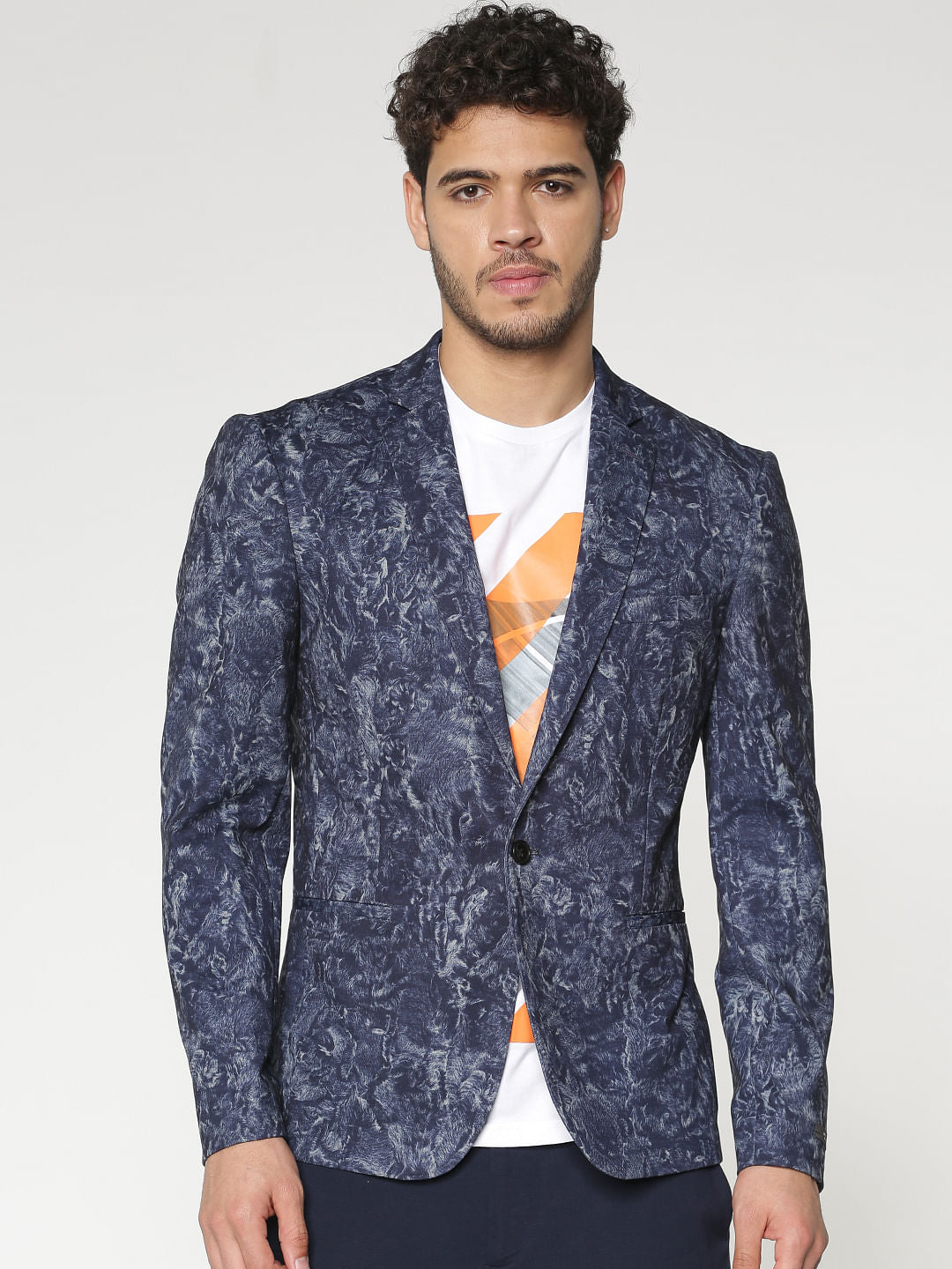 Blue Brushed Print Slim Fit Linen Blazer - 46
