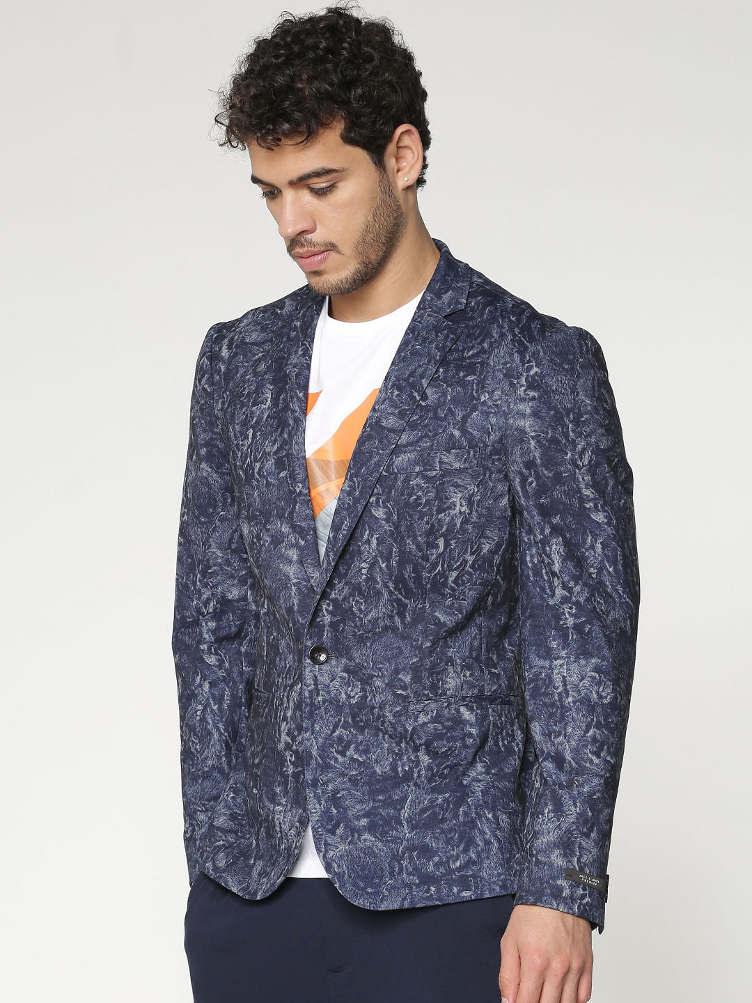 Blue  Brushed Print Slim Fit Linen Blazer