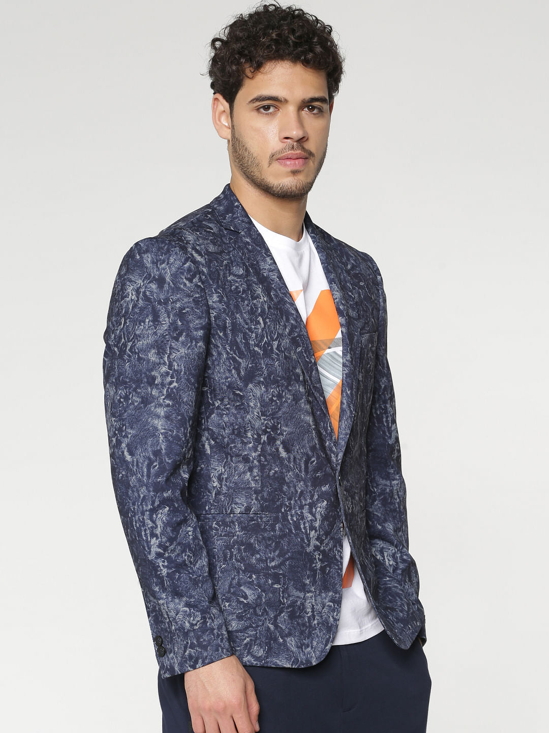 Blue  Brushed Print Slim Fit Linen Blazer