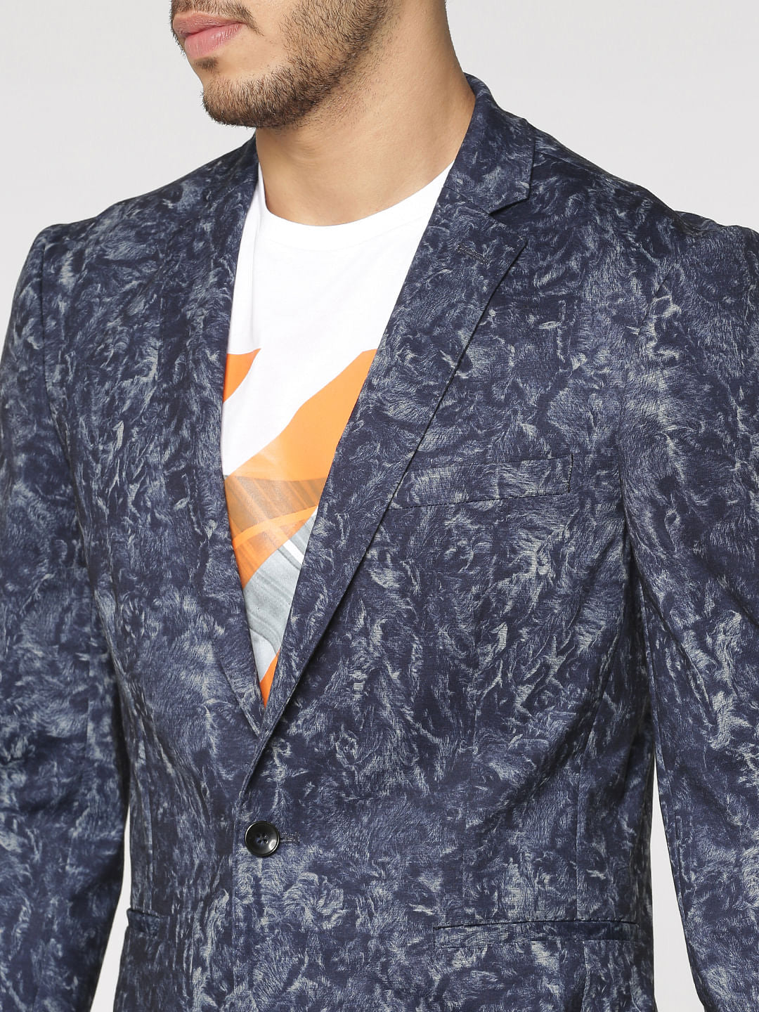 Blue  Brushed Print Slim Fit Linen Blazer