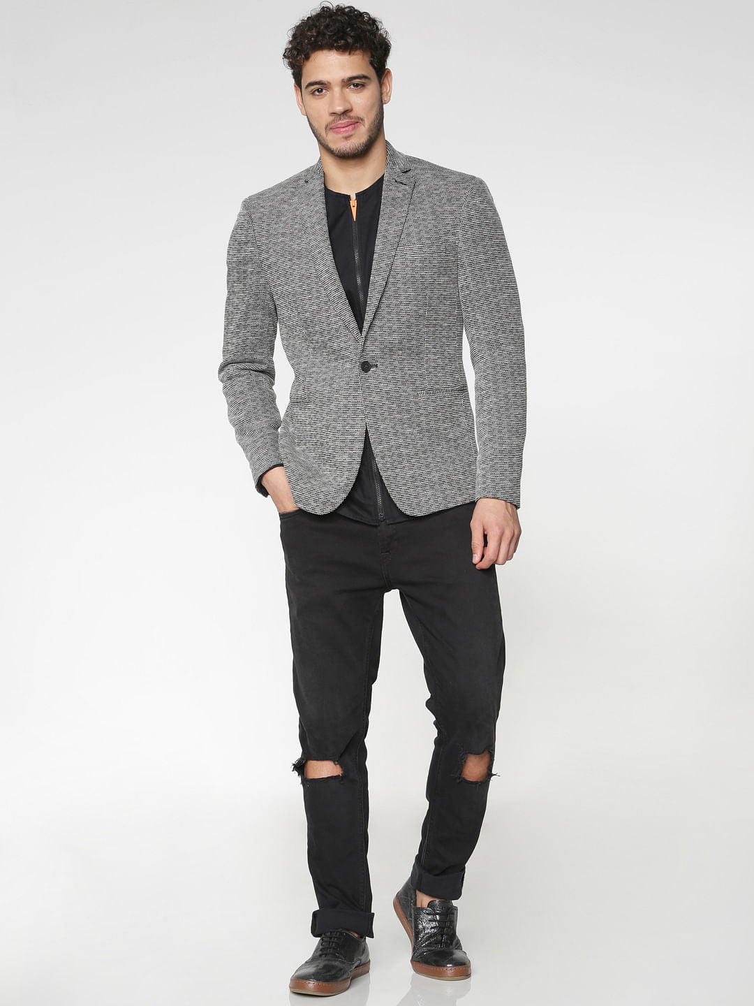 Black Textured Slim Fit Linen Blazer