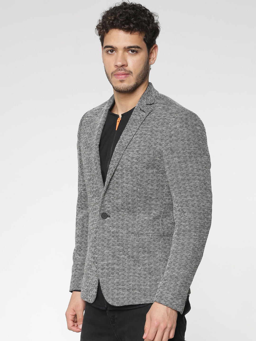 Black Textured Slim Fit Linen Blazer - 46