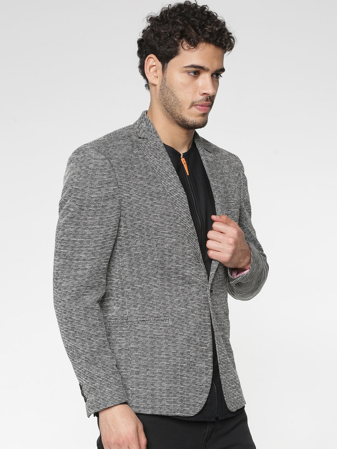 Black Textured Slim Fit Linen Blazer