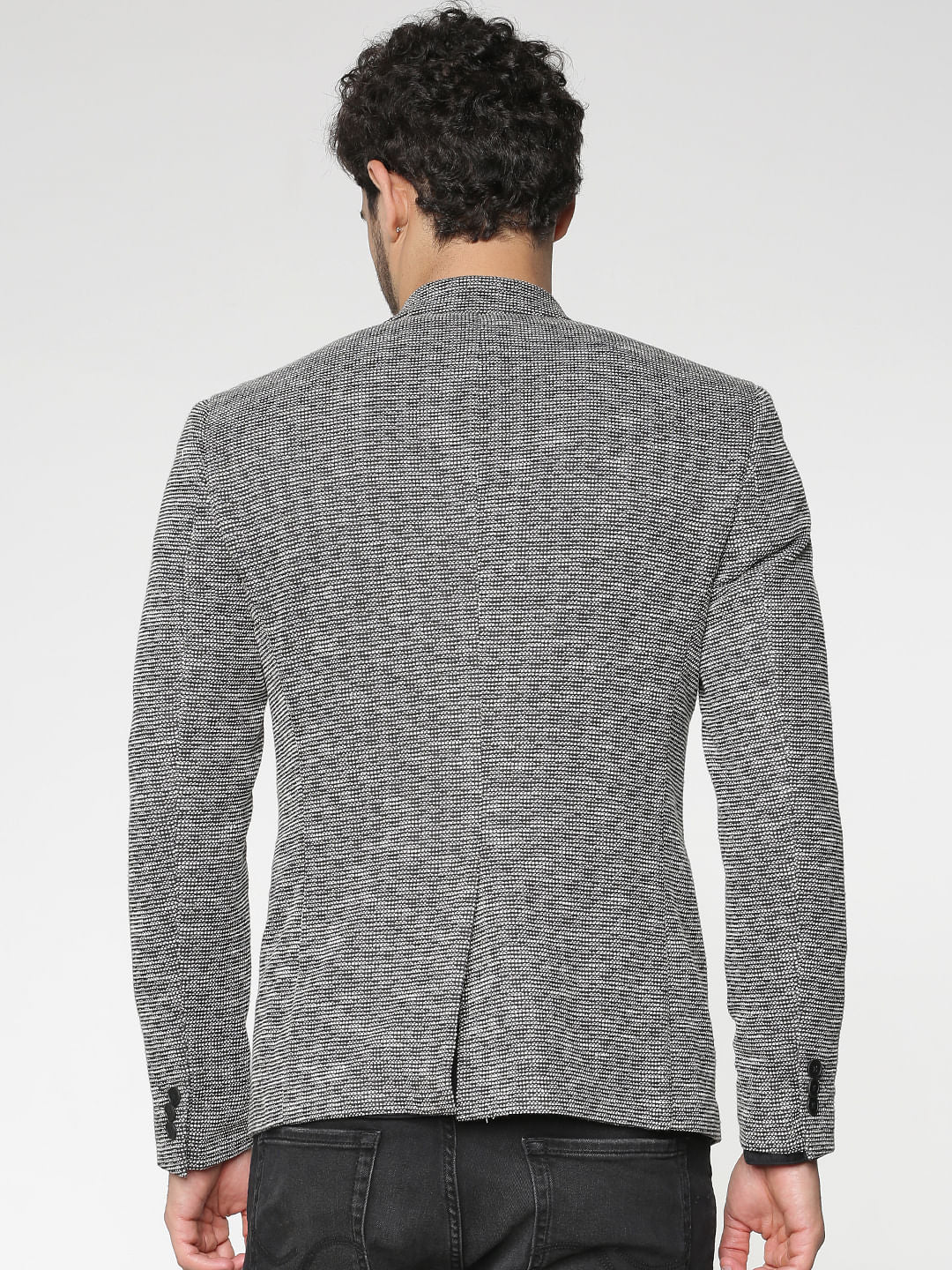 Black Textured Slim Fit Linen Blazer