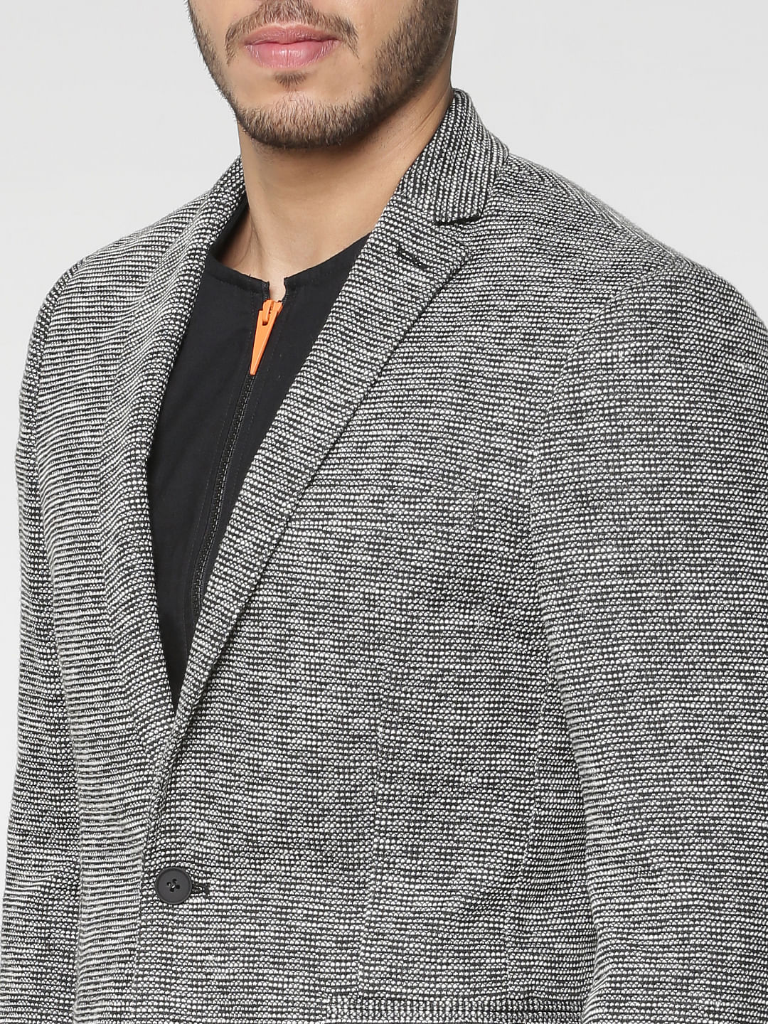 Black Textured Slim Fit Linen Blazer