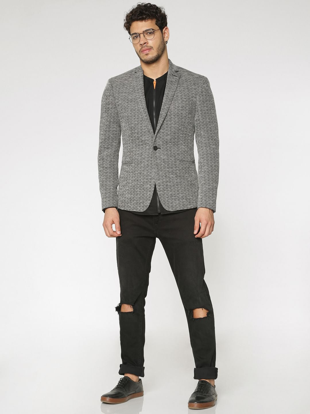 Black Textured Slim Fit Linen Blazer
