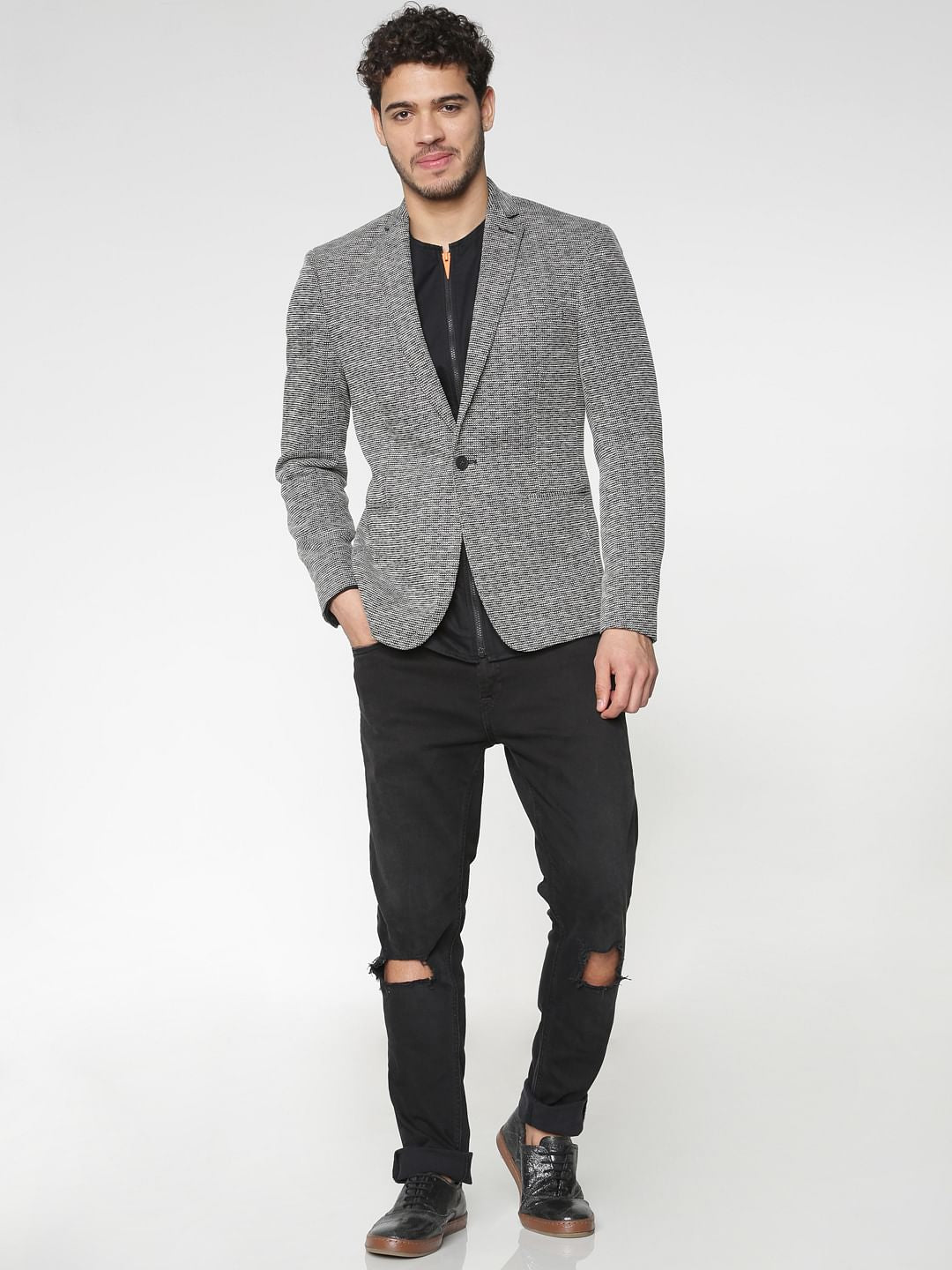 Black Textured Slim Fit Linen Blazer