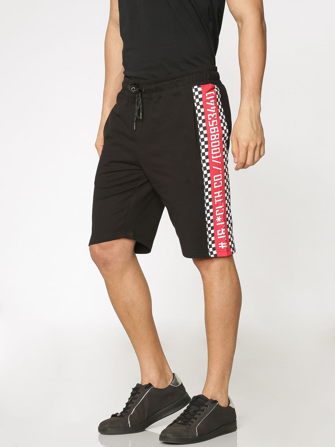 Black Side Tape And Racer Stripe Print Drawstring Shorts - S