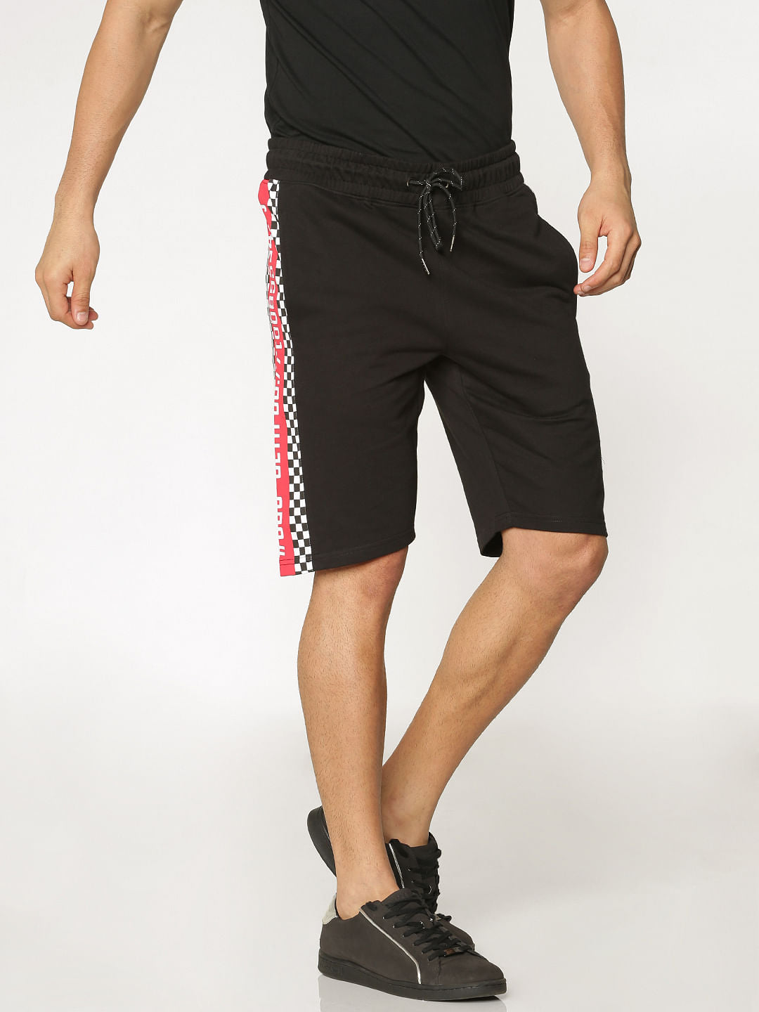 Black Side Tape And Racer Stripe Print Drawstring Shorts
