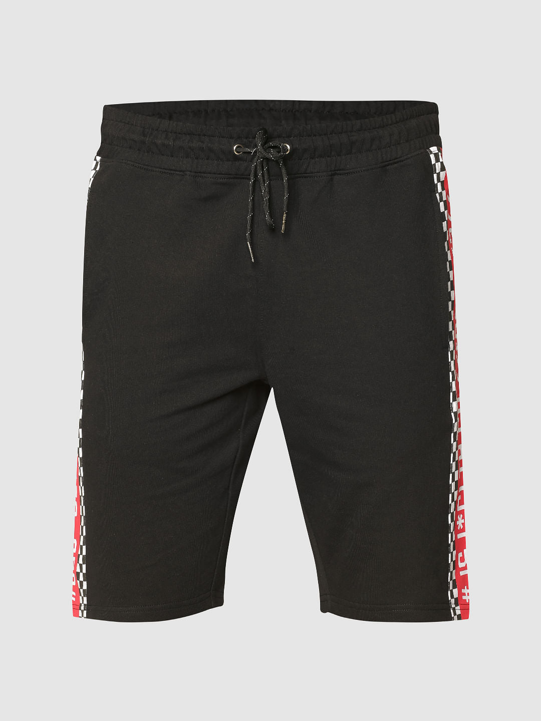 Black Side Tape And Racer Stripe Print Drawstring Shorts