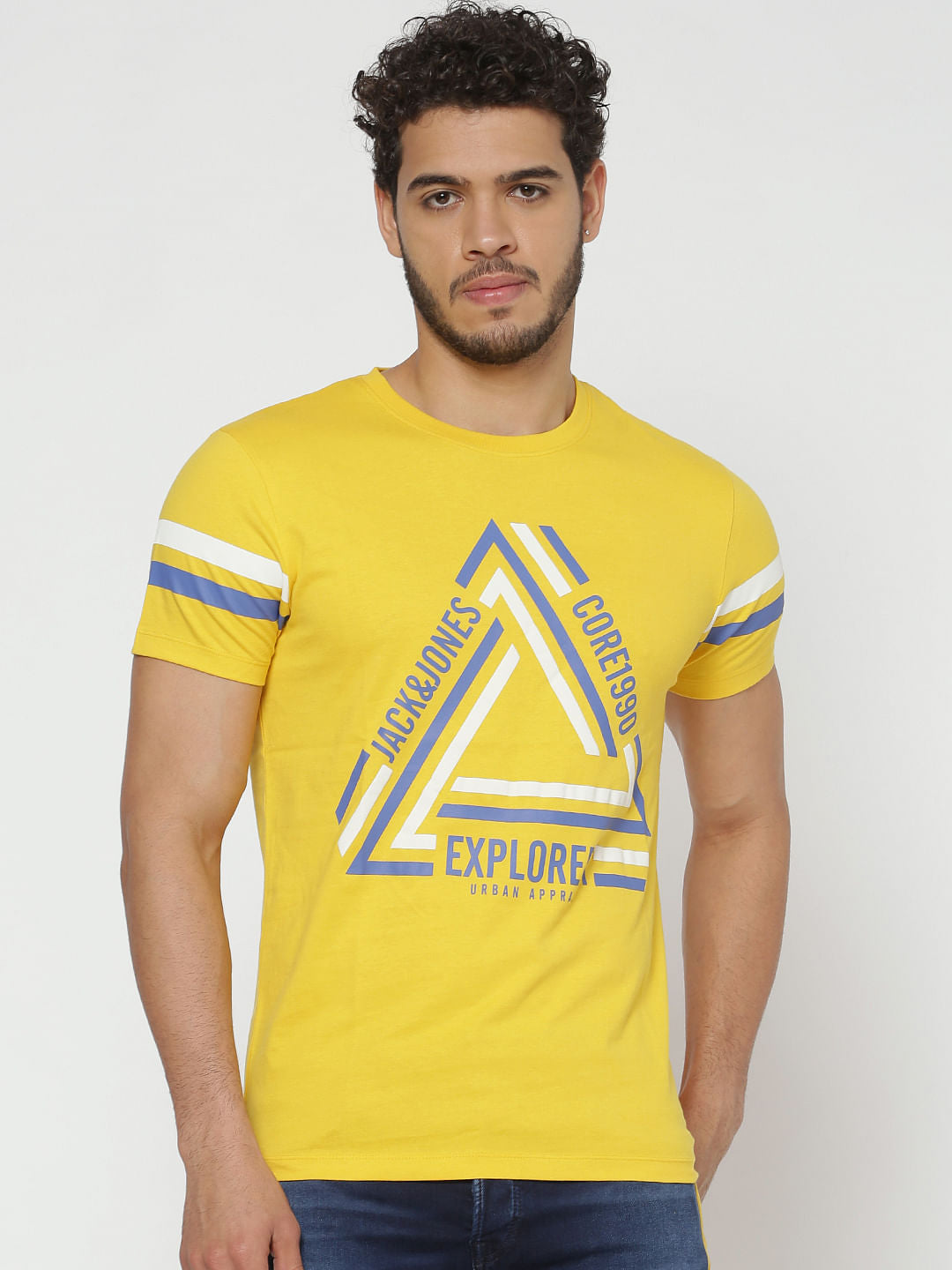 Yellow Typographic Print Slim Fit Crew Neck T-Shirt - S