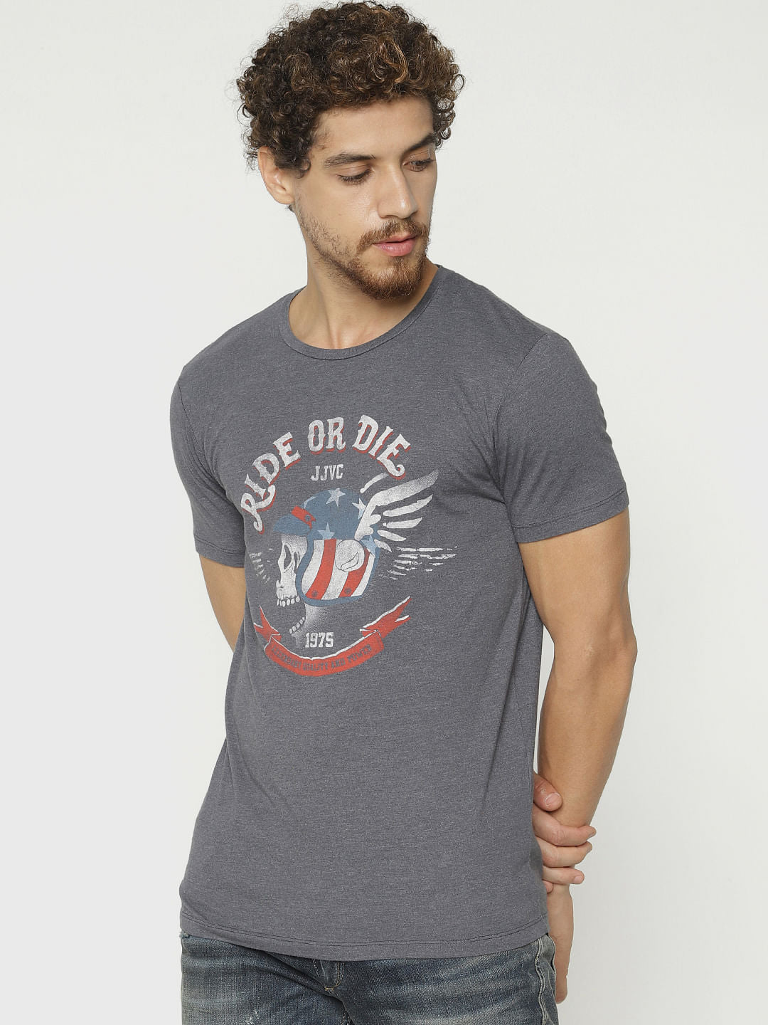 Grey Graphic Print Crew Neck T-Shirt - S
