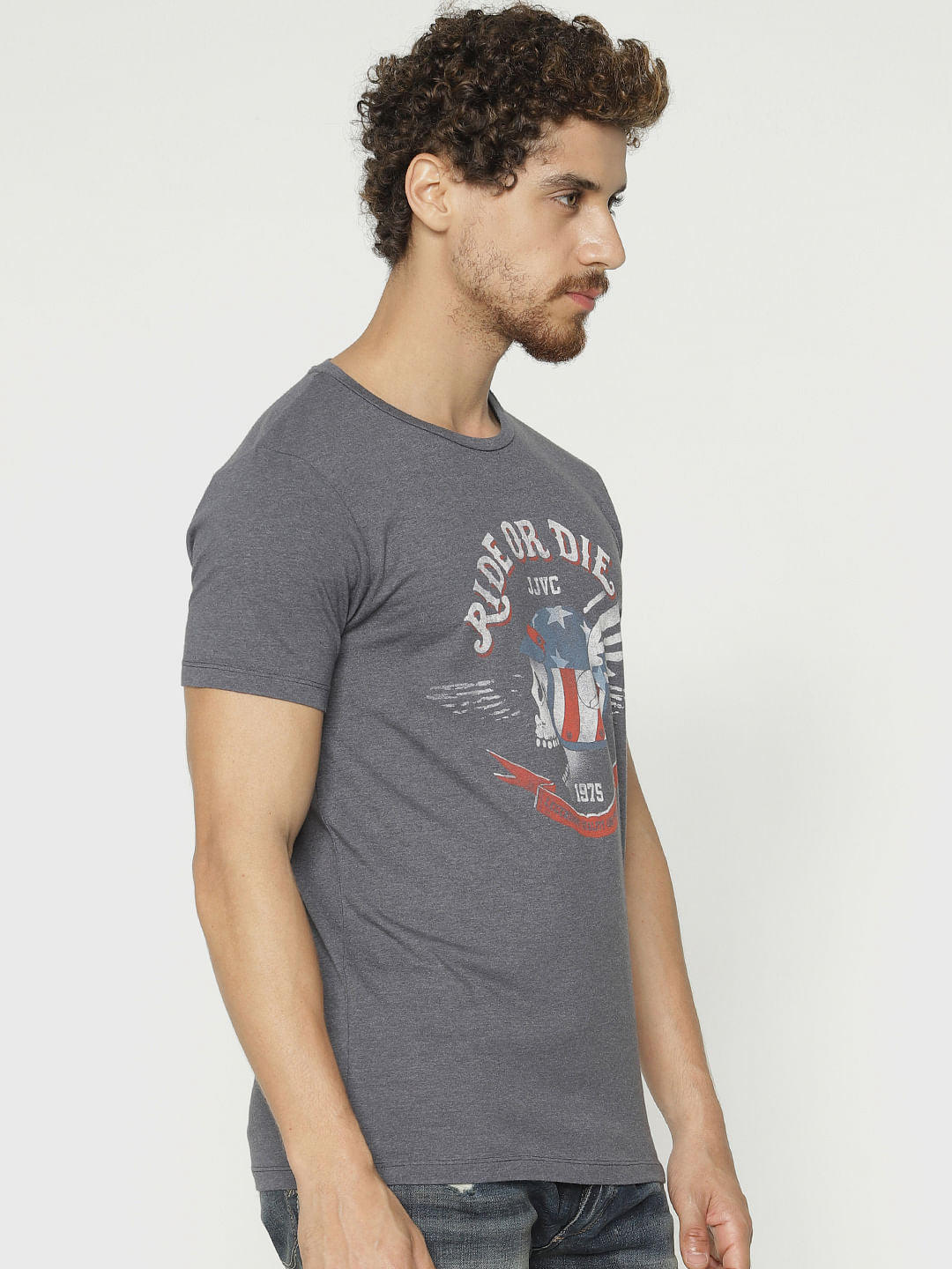 Grey Graphic Print Crew Neck T-Shirt