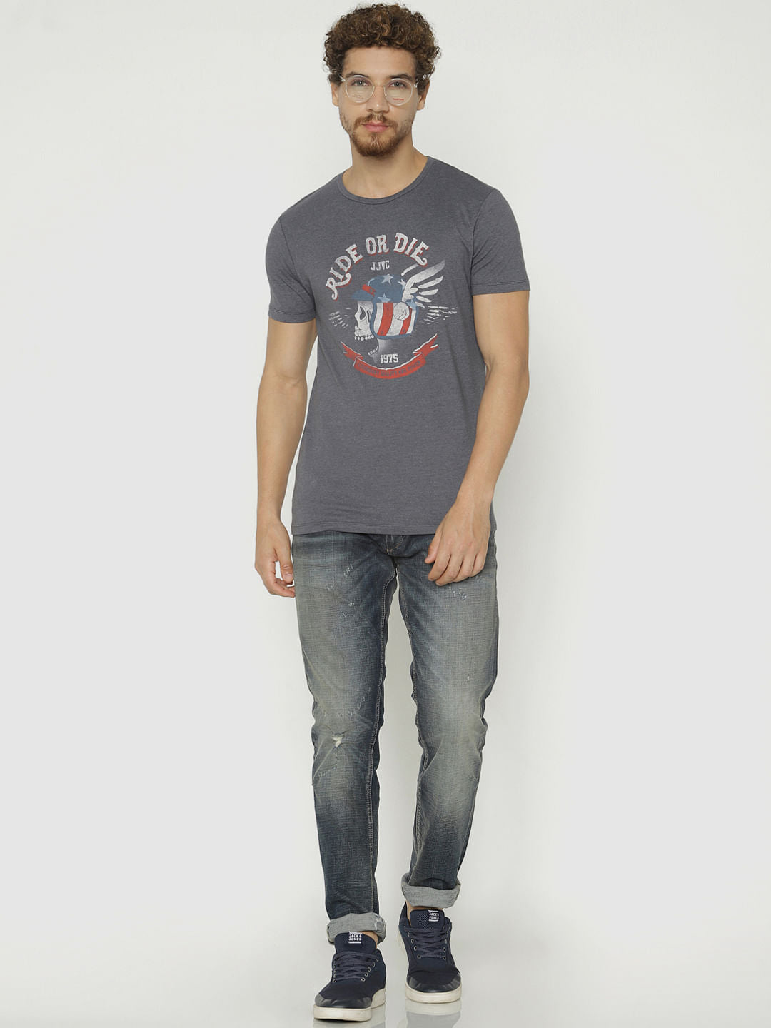 Grey Graphic Print Crew Neck T-Shirt