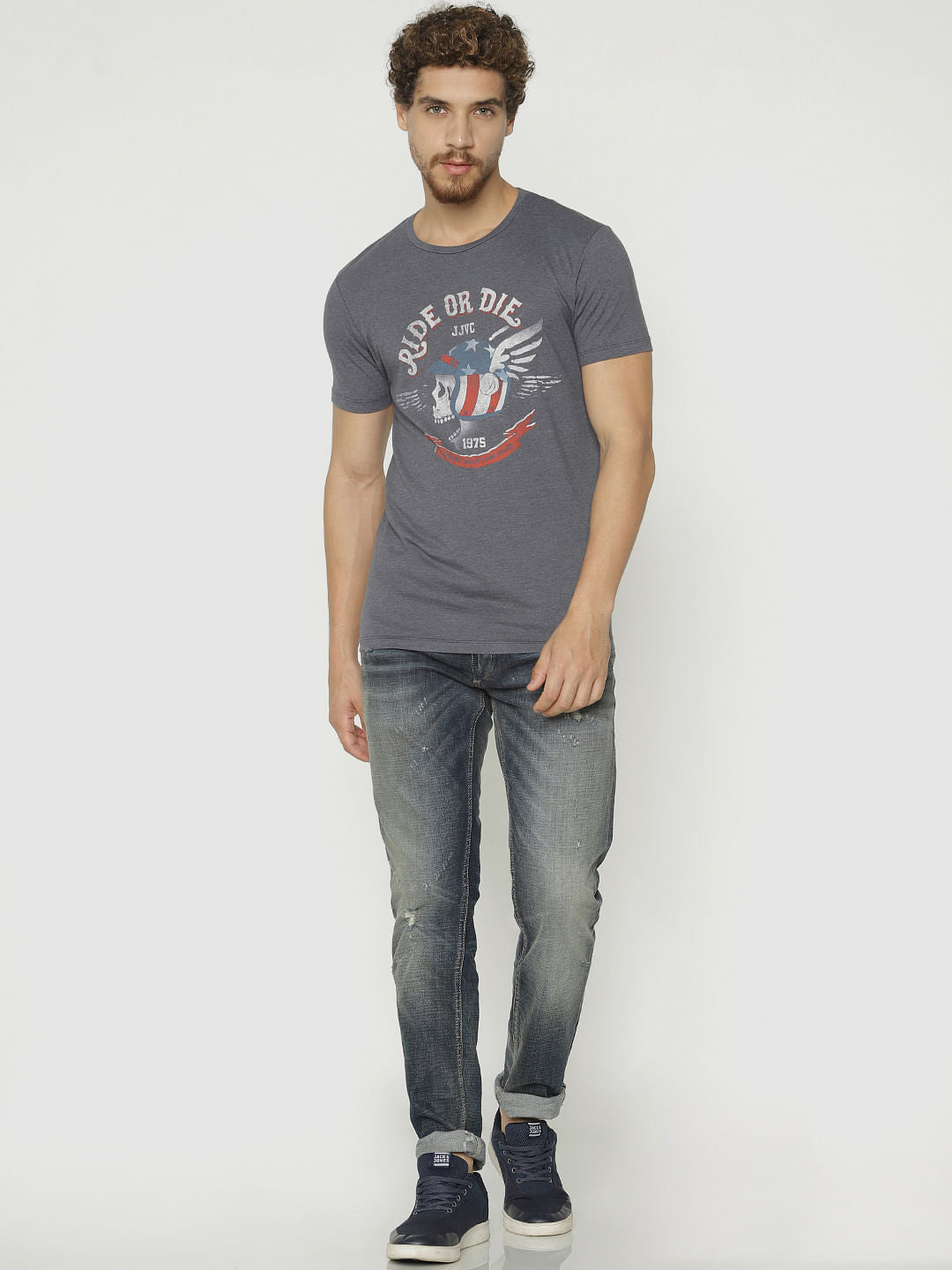 Grey Graphic Print Crew Neck T-Shirt