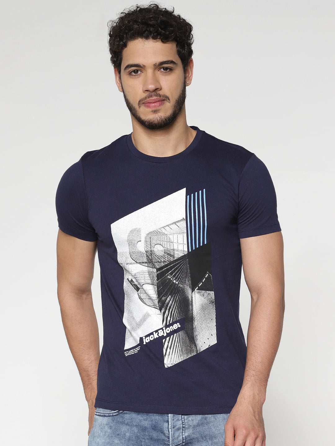 Blue Graphic Print Crew Neck T-Shirt - S