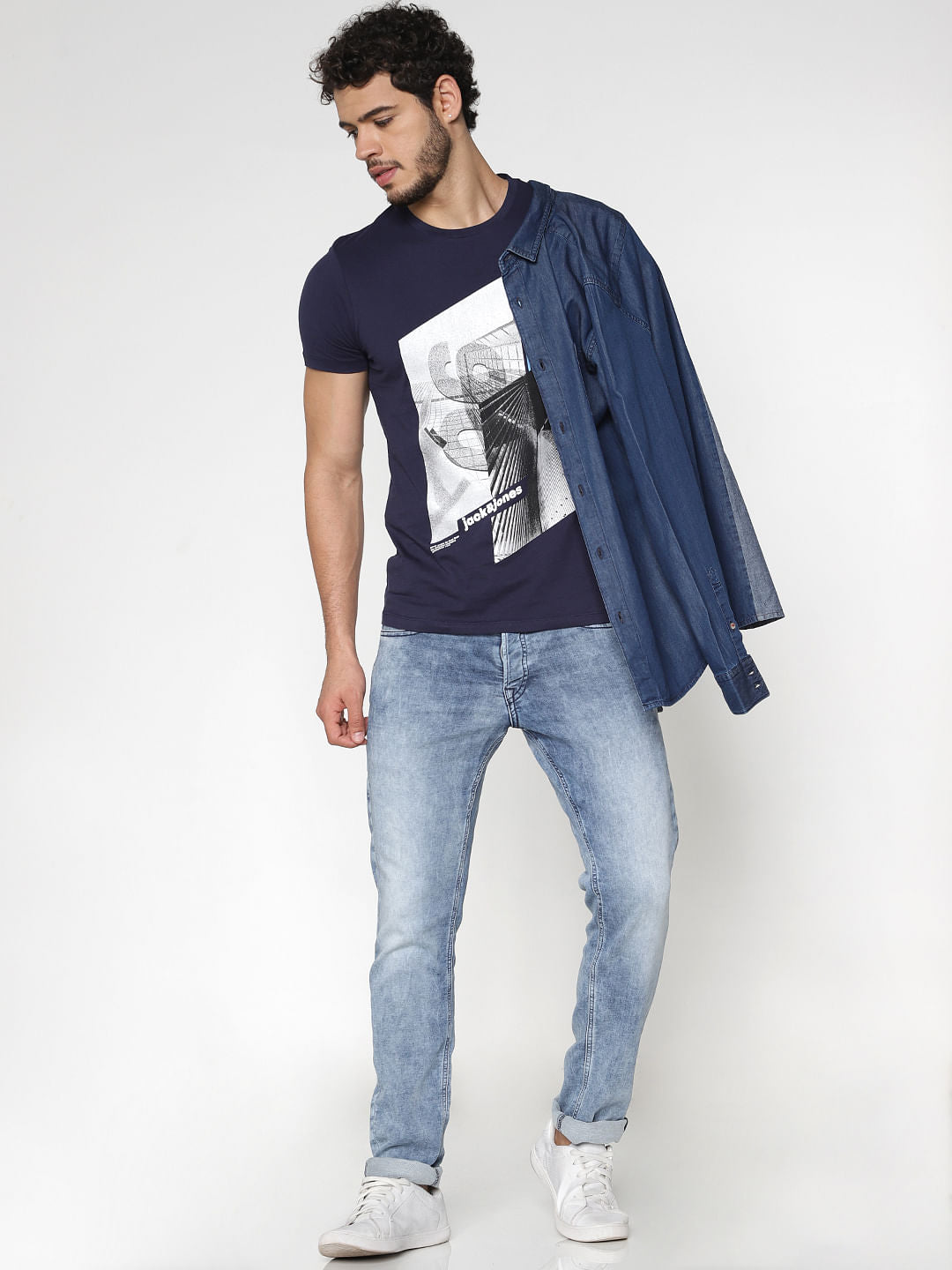 Blue Graphic Print Crew Neck T-Shirt