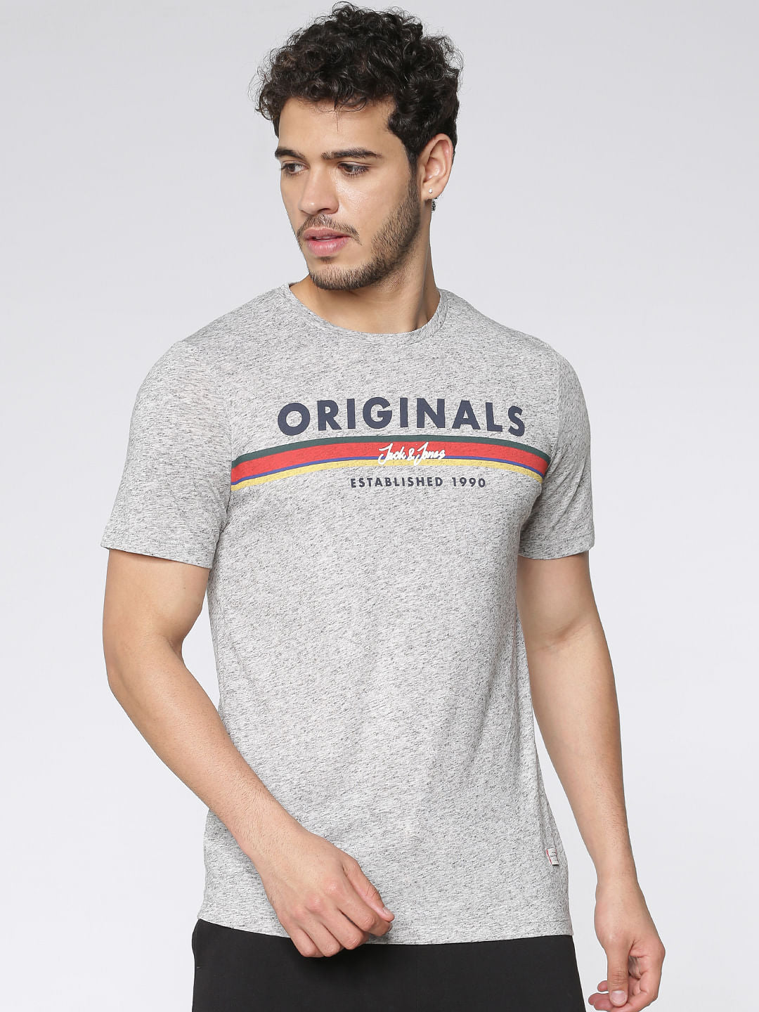 Grey Printed Slim Fit Crew Neck T-Shirt - S