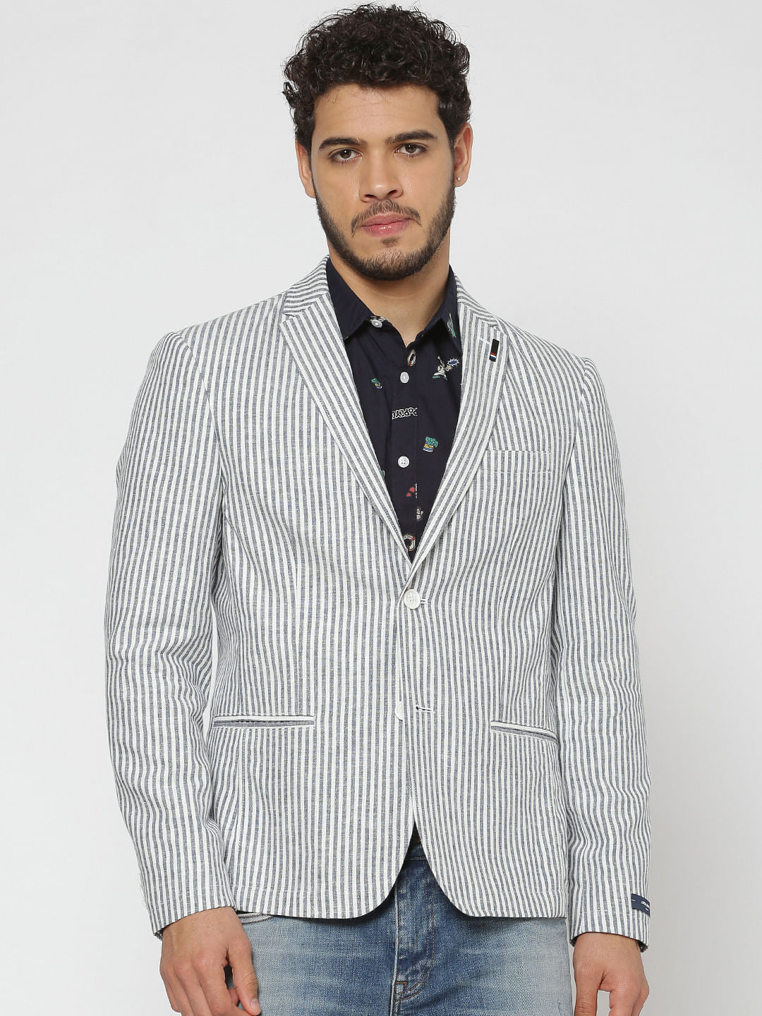 Grey And White Striped Double Button Slim Fit Blazer - 46