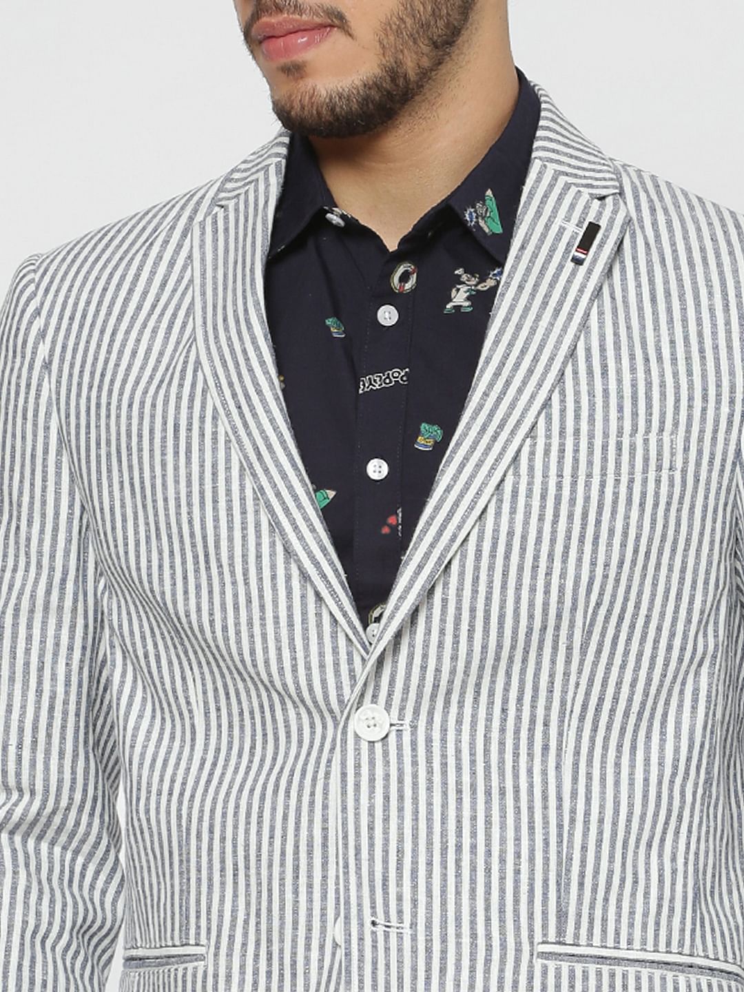 Grey And White Striped Double Button Slim Fit Blazer