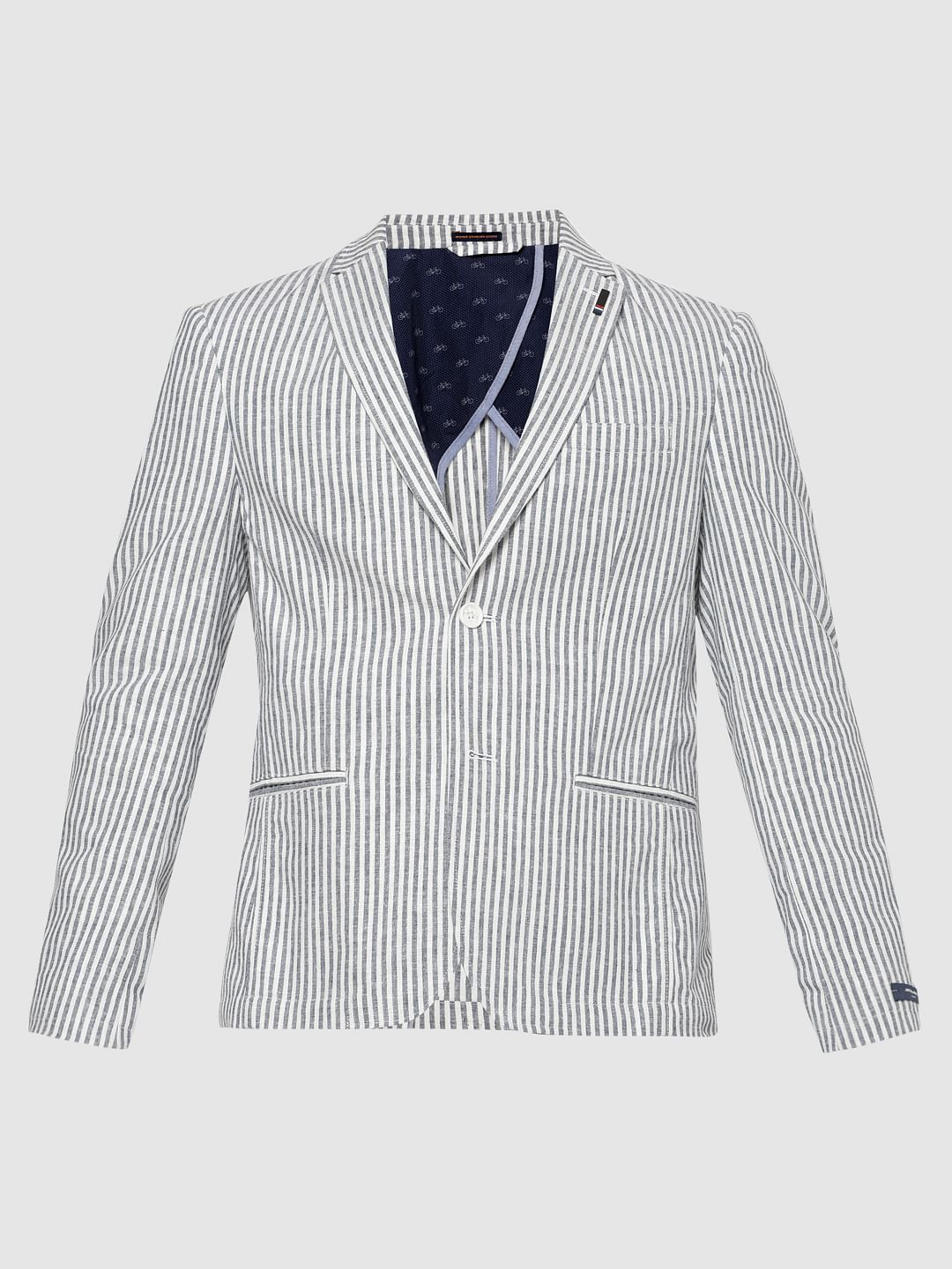 Grey And White Striped Double Button Slim Fit Blazer