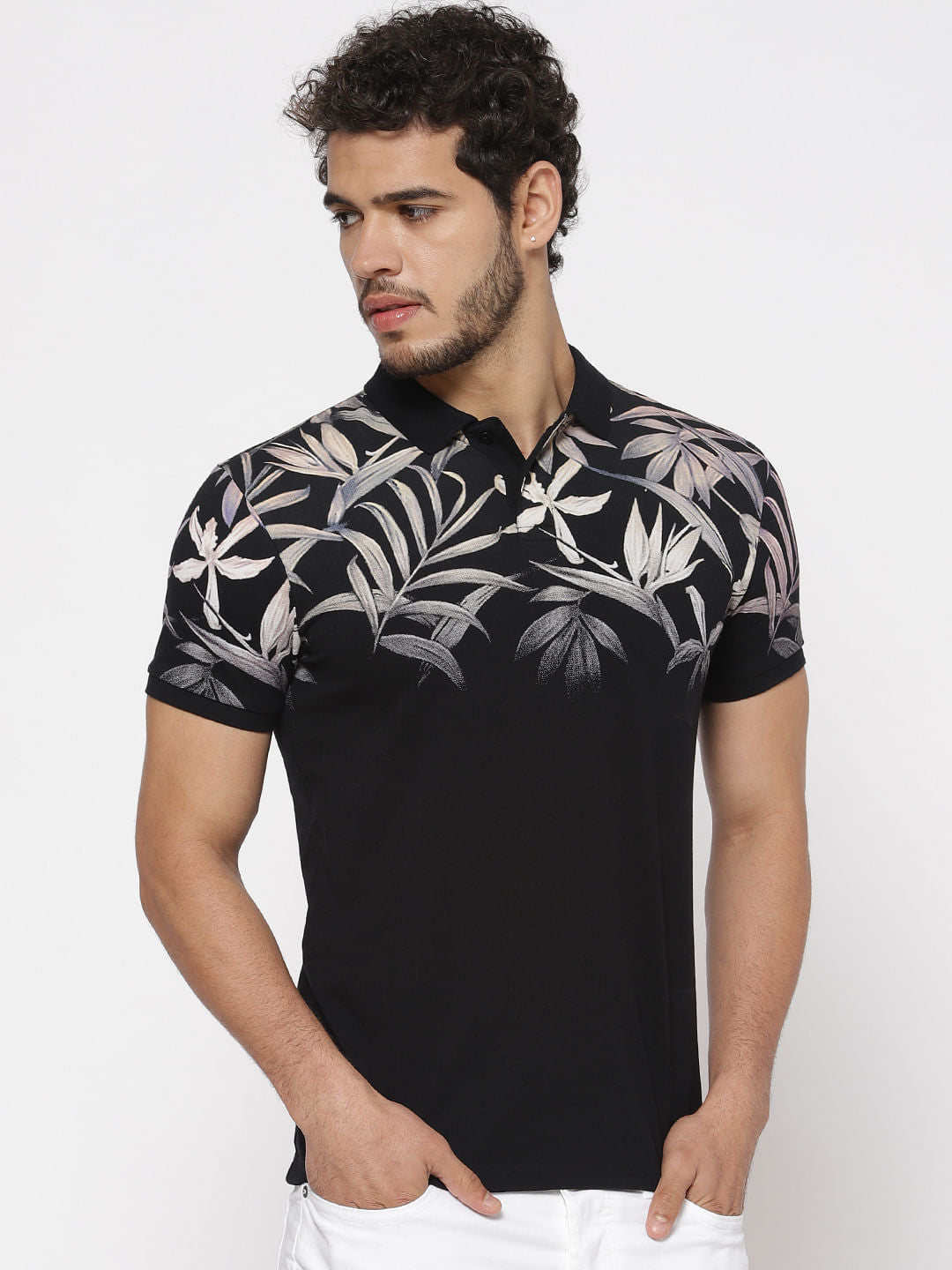 Black Printed Polo Neck T-Shirt - S