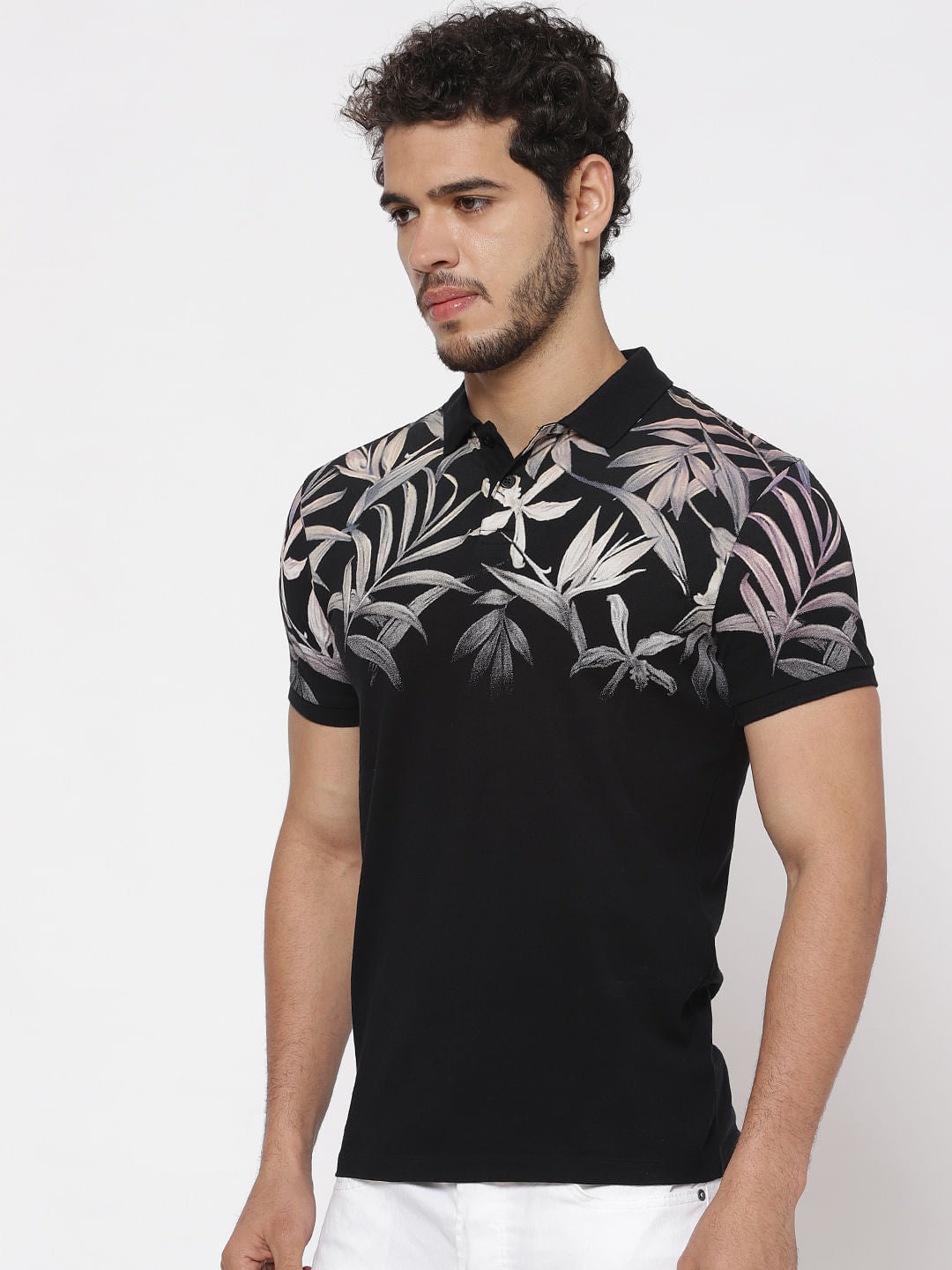 Black Printed Polo Neck T-Shirt