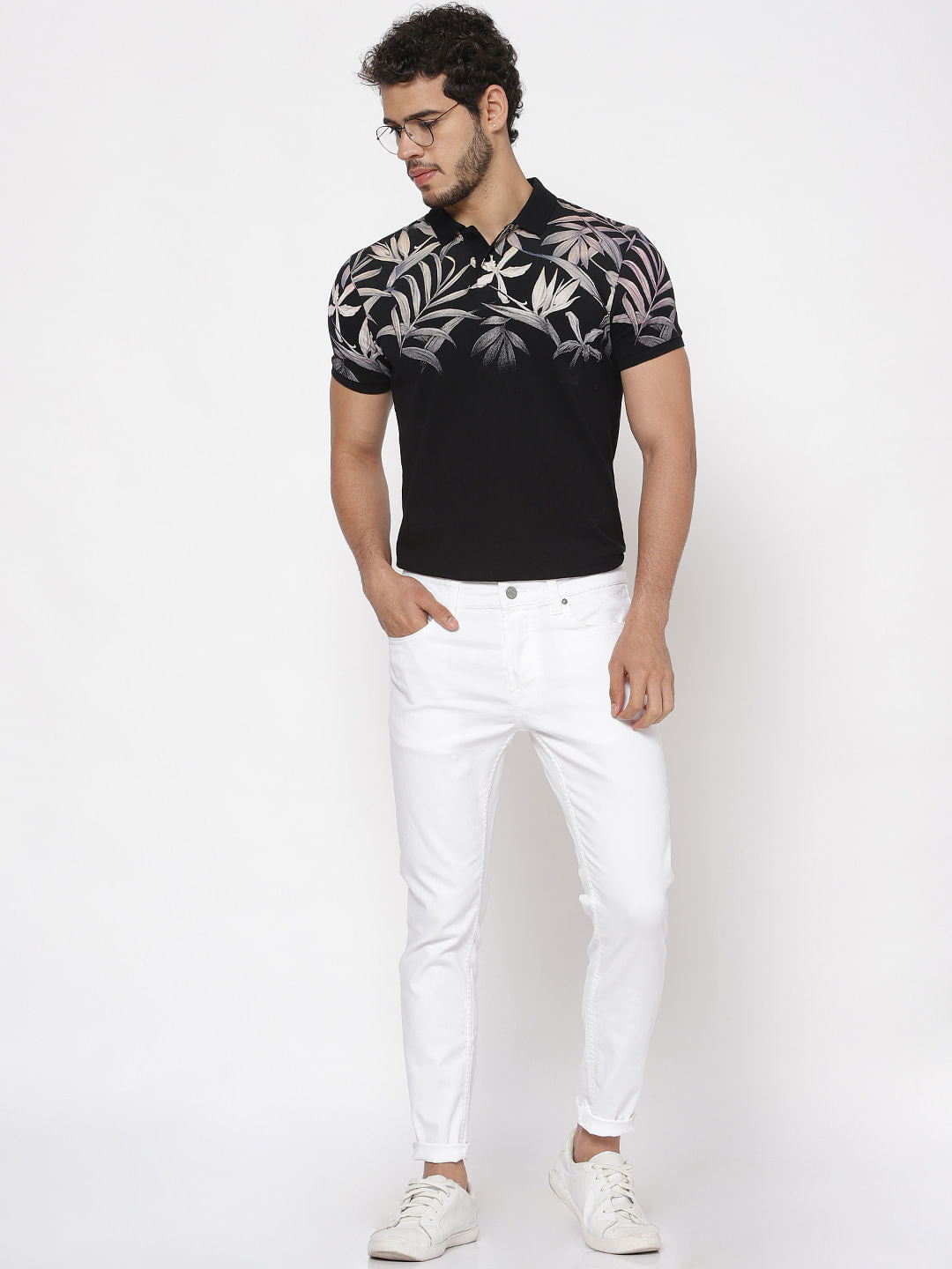 Black Printed Polo Neck T-Shirt