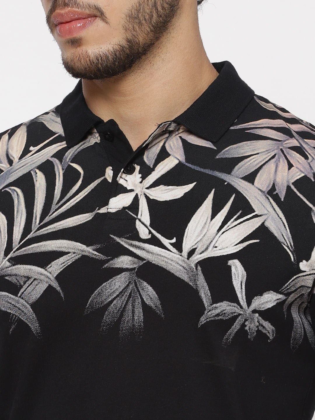 Black Printed Polo Neck T-Shirt