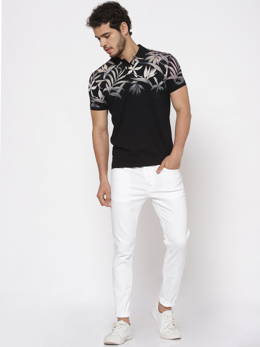Black Printed Polo Neck T-Shirt