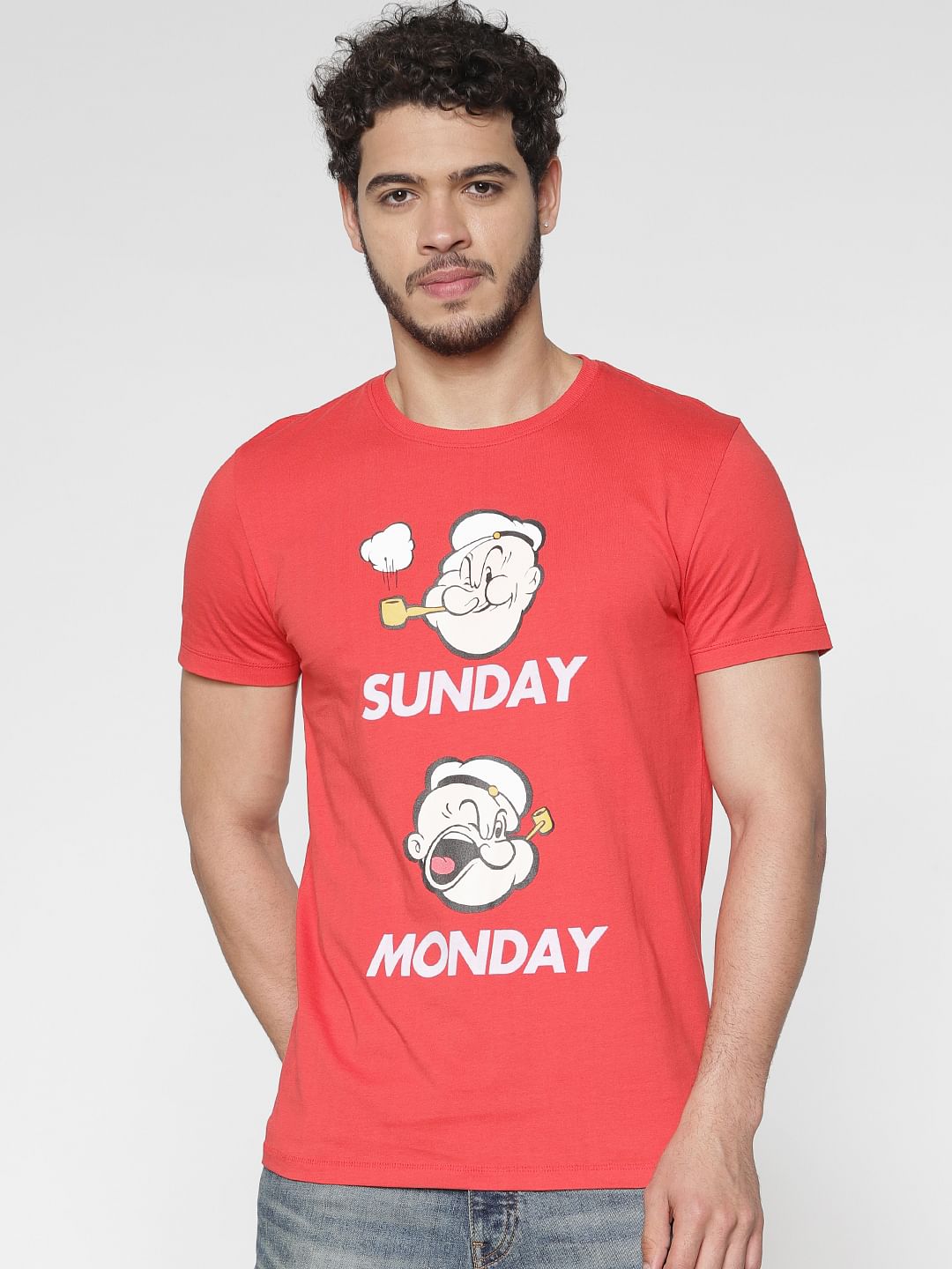 X Popeye Red Graphic Print Slim Fit Crew Neck T-Shirt - S