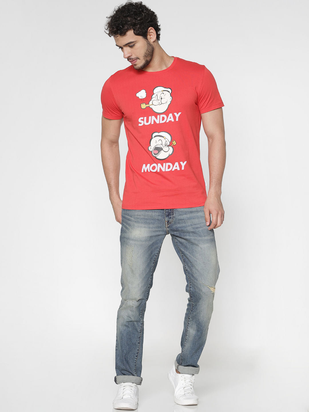 X Popeye Red Graphic Print Slim Fit Crew Neck T-Shirt