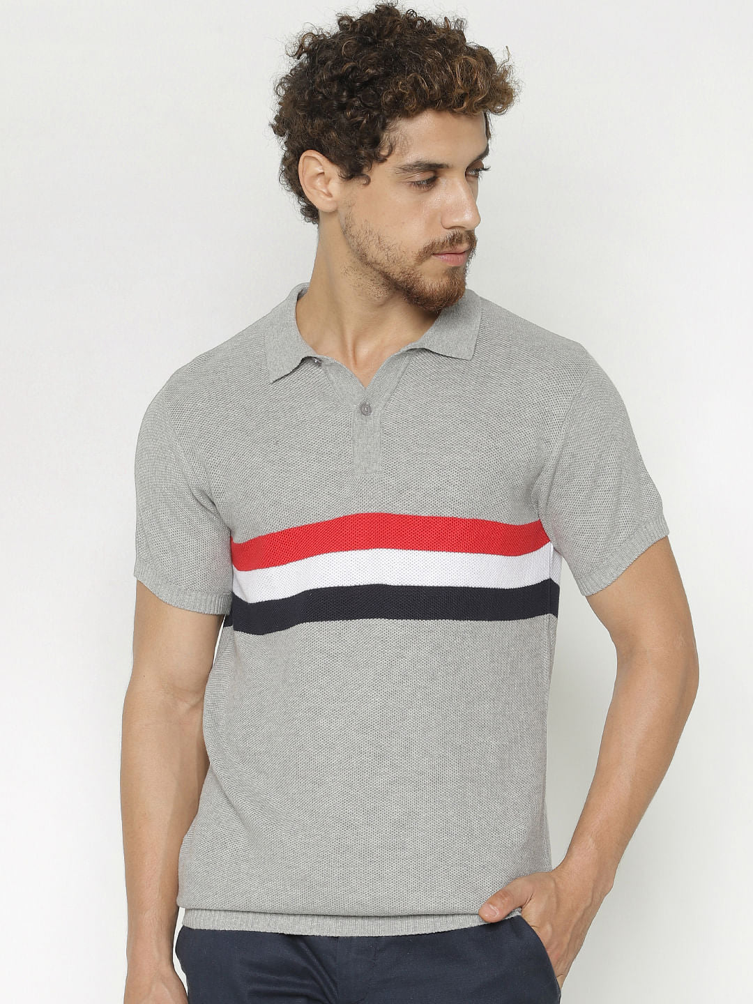 Grey Striped Print Polo Neck T-Shirt