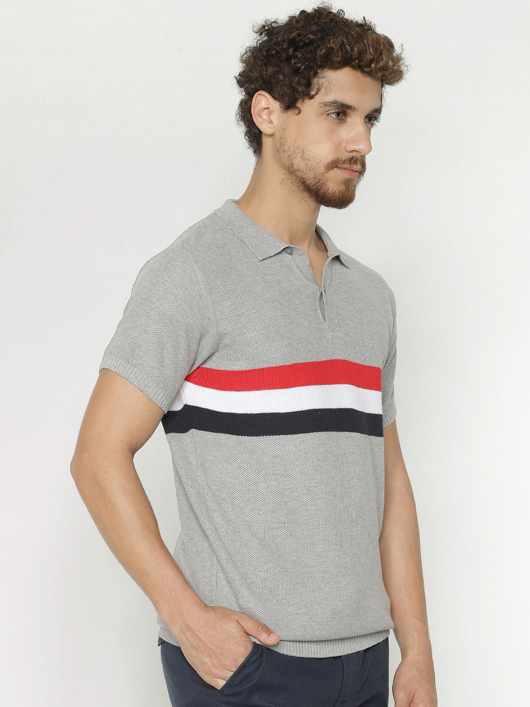Grey Striped Print Polo Neck T-Shirt