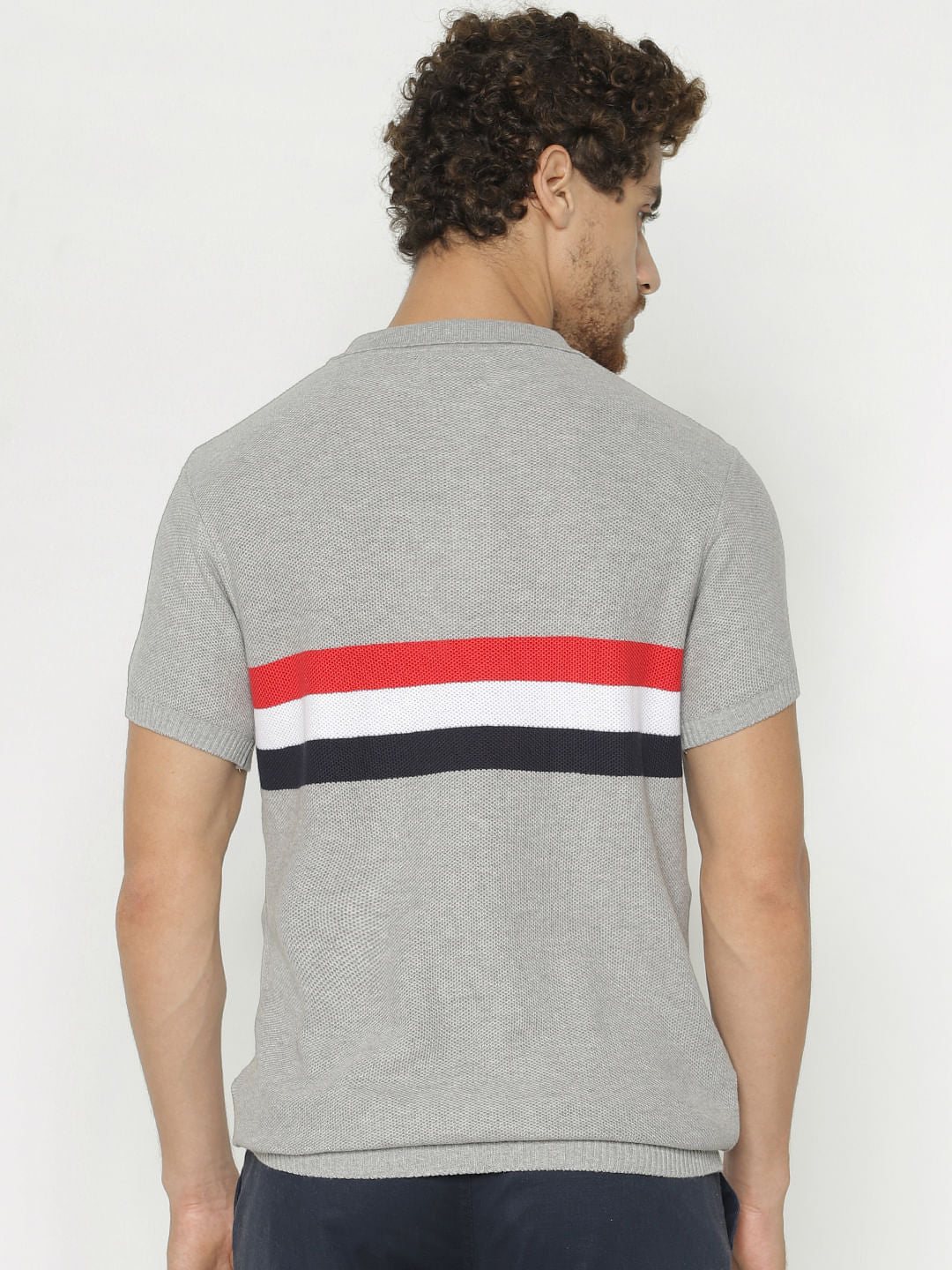 Grey Striped Print Polo Neck T-Shirt