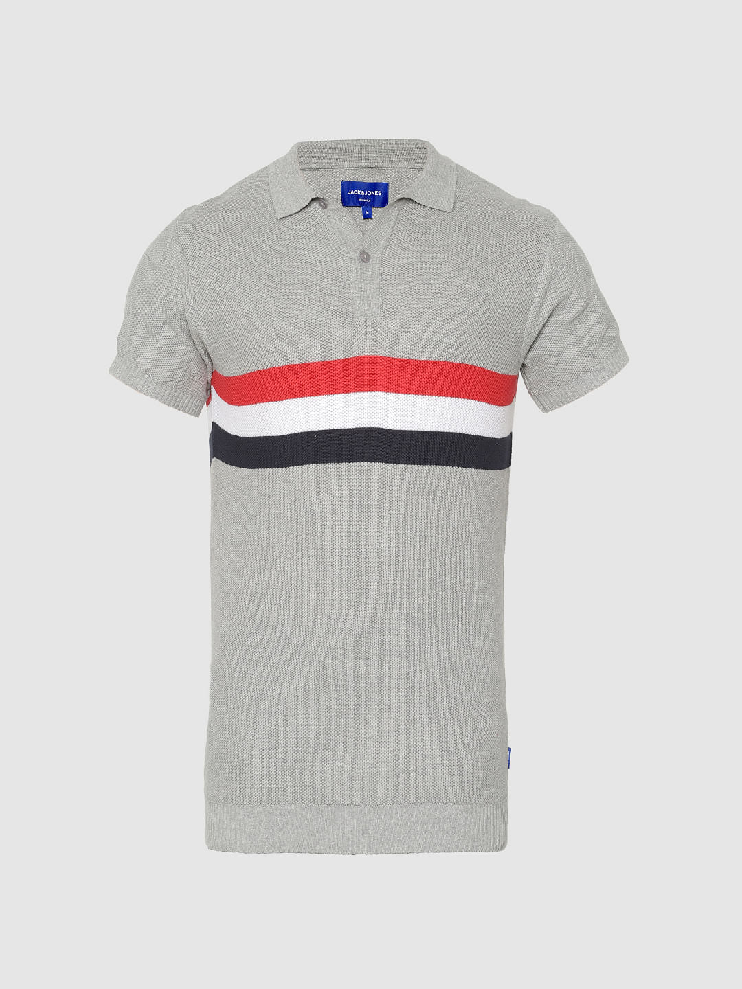 Grey Striped Print Polo Neck T-Shirt