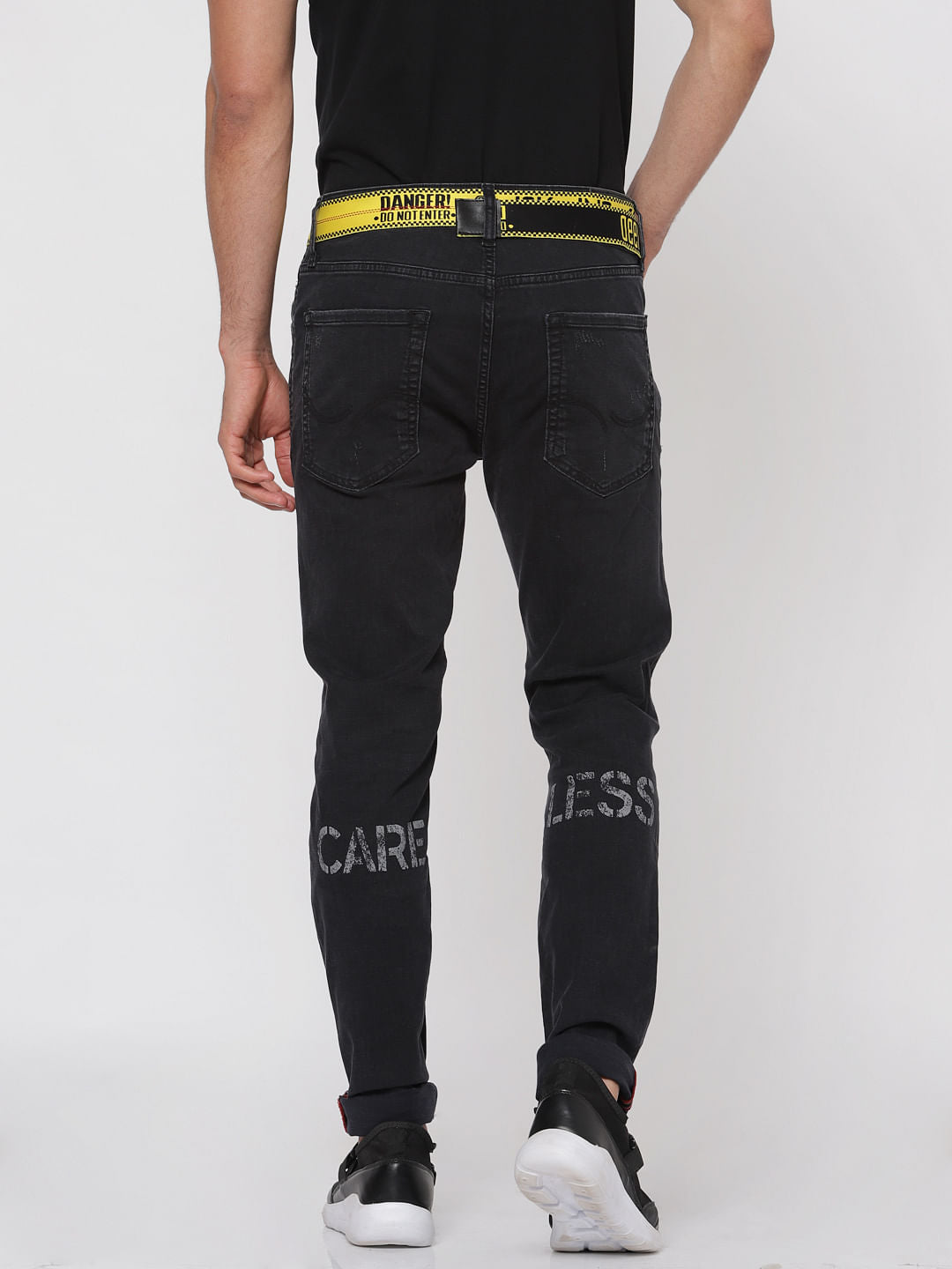 Black Ripped Text Print Ben Slim Fit Jeans