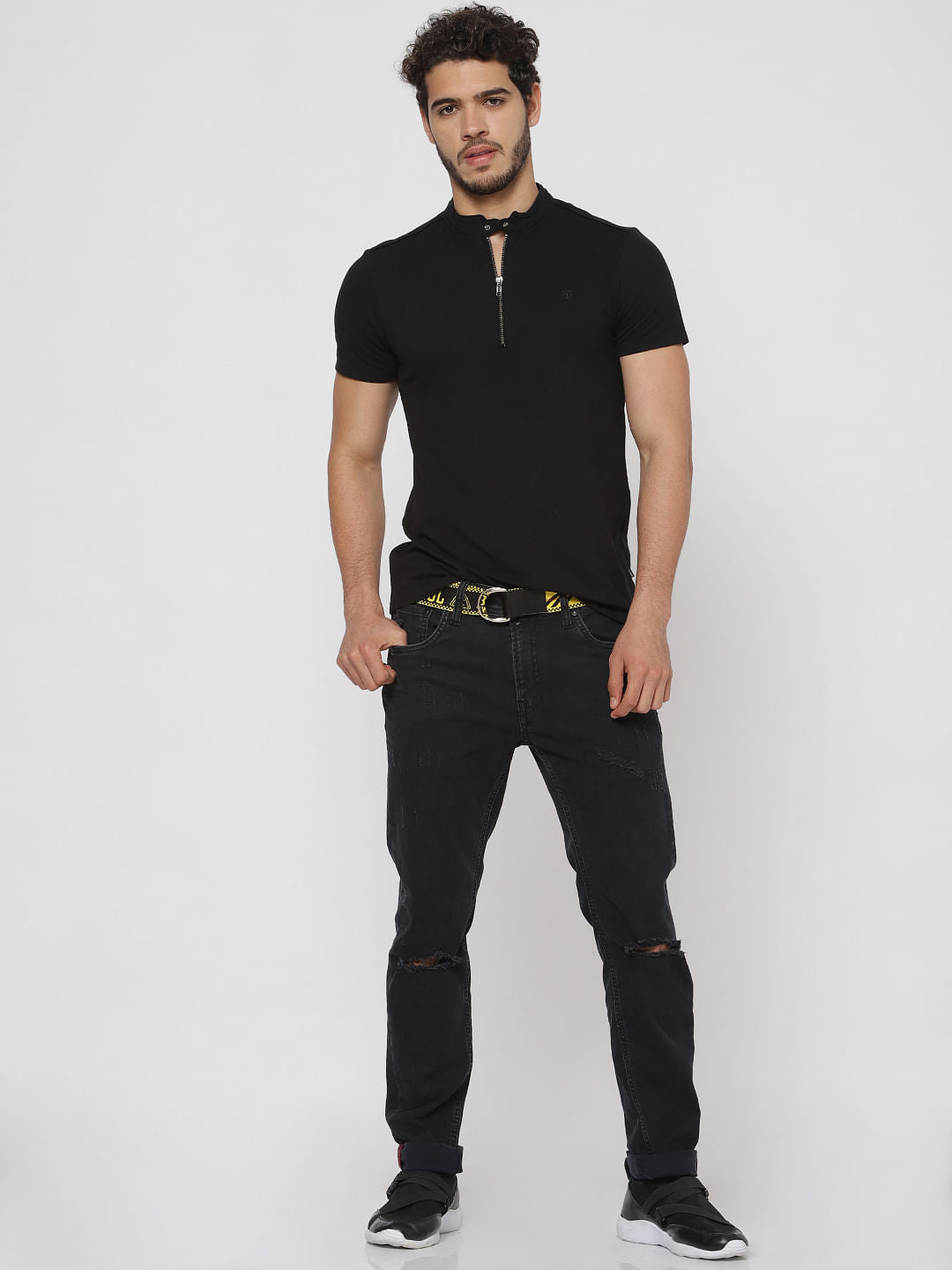 Black Ripped Text Print Ben Slim Fit Jeans